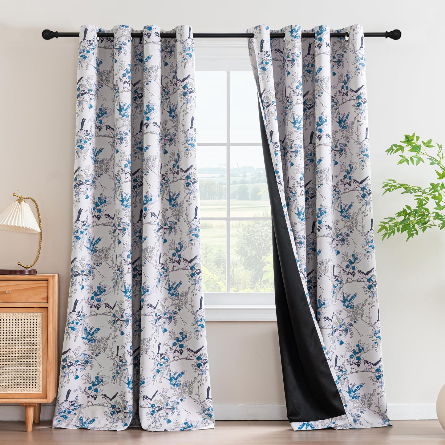 H.VERSAILTEX Floral 100% Blackout Curtains 84 inch Length 2 Panels Vintage Curtains Thermal Insulated Room Darkening Patterned Curtain Drapes for Bedroom Living Room with Grommet, Blue/Black