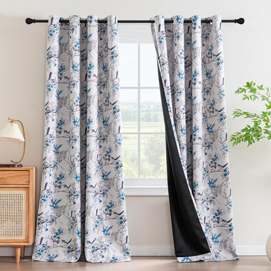 H.VERSAILTEX Floral 100% Blackout Curtains 84 inch Length 2 Panels Vintage Curtains Thermal Insulated Room Darkening Patterned Curtain Drapes for Bedroom Living Room with Grommet, Blue/Black