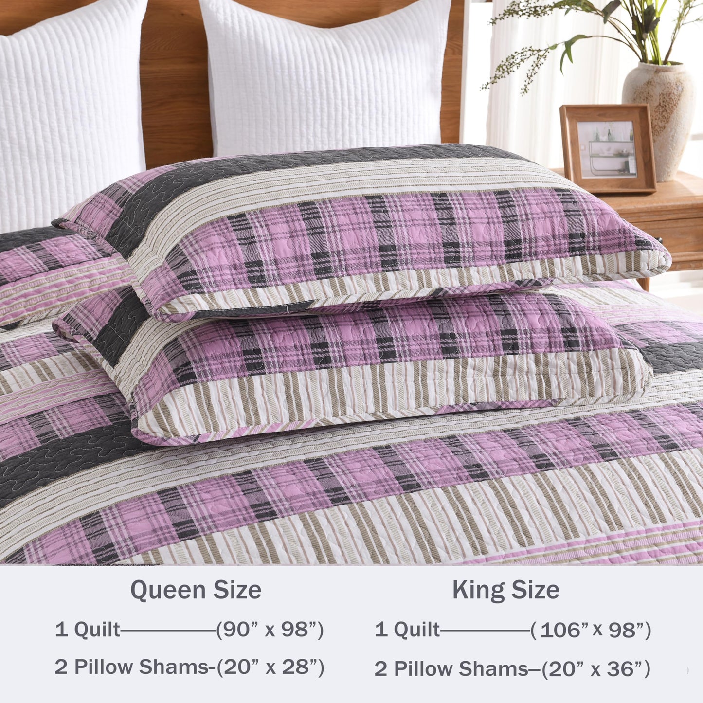 Homzard Queen Size Comforter Set，Cotton Plaid Striped Quilts Queen Size，Pink Black Bedding Bedspread Set，Lightweight Reversible Coverlet All Season 3 Pieces