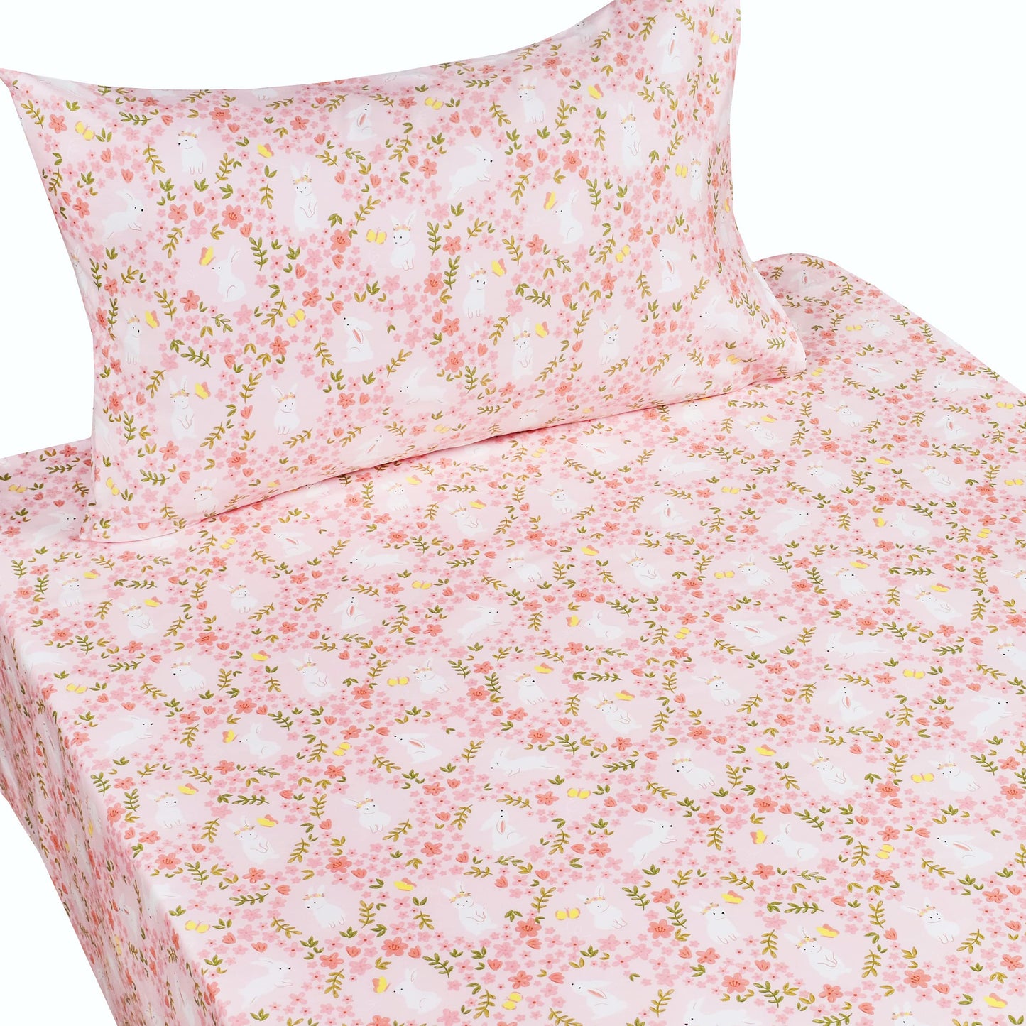 Scientific Sleep Pink Flower Rabbit Bunny 100% Cotton 3 Pcs Twin Bed Sheet Set Kids Toddler Teen, Flat Sheet & Fitted Sheet & Pillowcase Kids Bedding Set (Rabbit Flower, Twin)