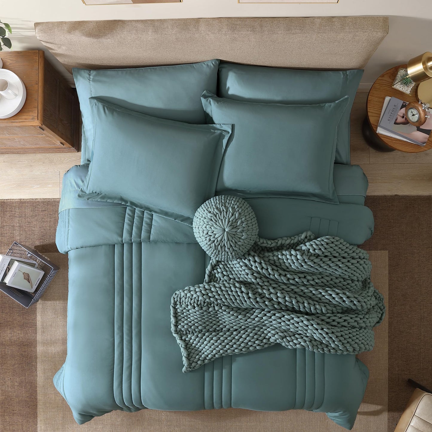Monbix Queen Comforter Set - 7 Pieces Blue Green Bed in a Bag Queen Bedding Sets with Comforters, All Seasons Comforter Bed Set with Sheets,Pillowcases & Shams