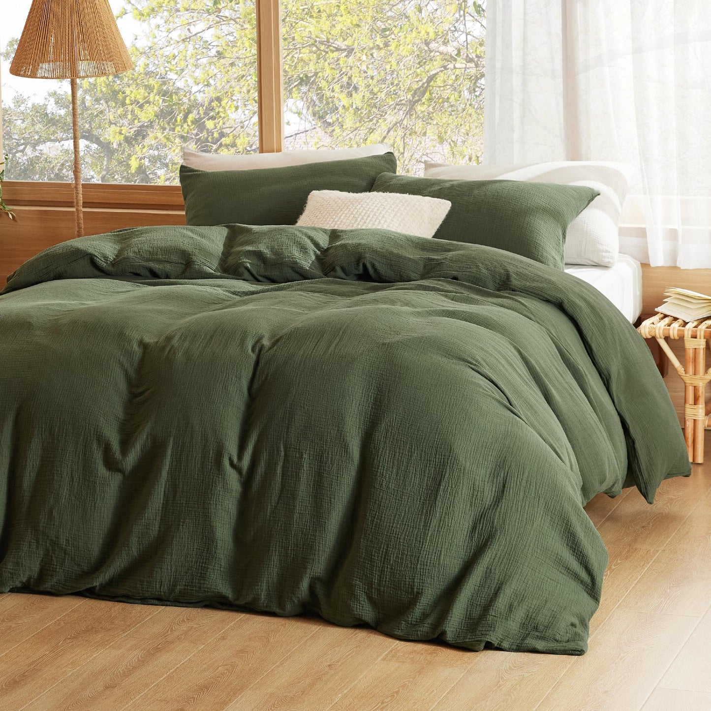 Bedsure 100% Muslin Cotton Duvet Cover King Size - Ultra-Soft Gauze Duvet Cover, PureWoven Breathable & Lightweight Bedding Set with Zipper Closure and Corner Ties (Olive Green, King, 104"x90")