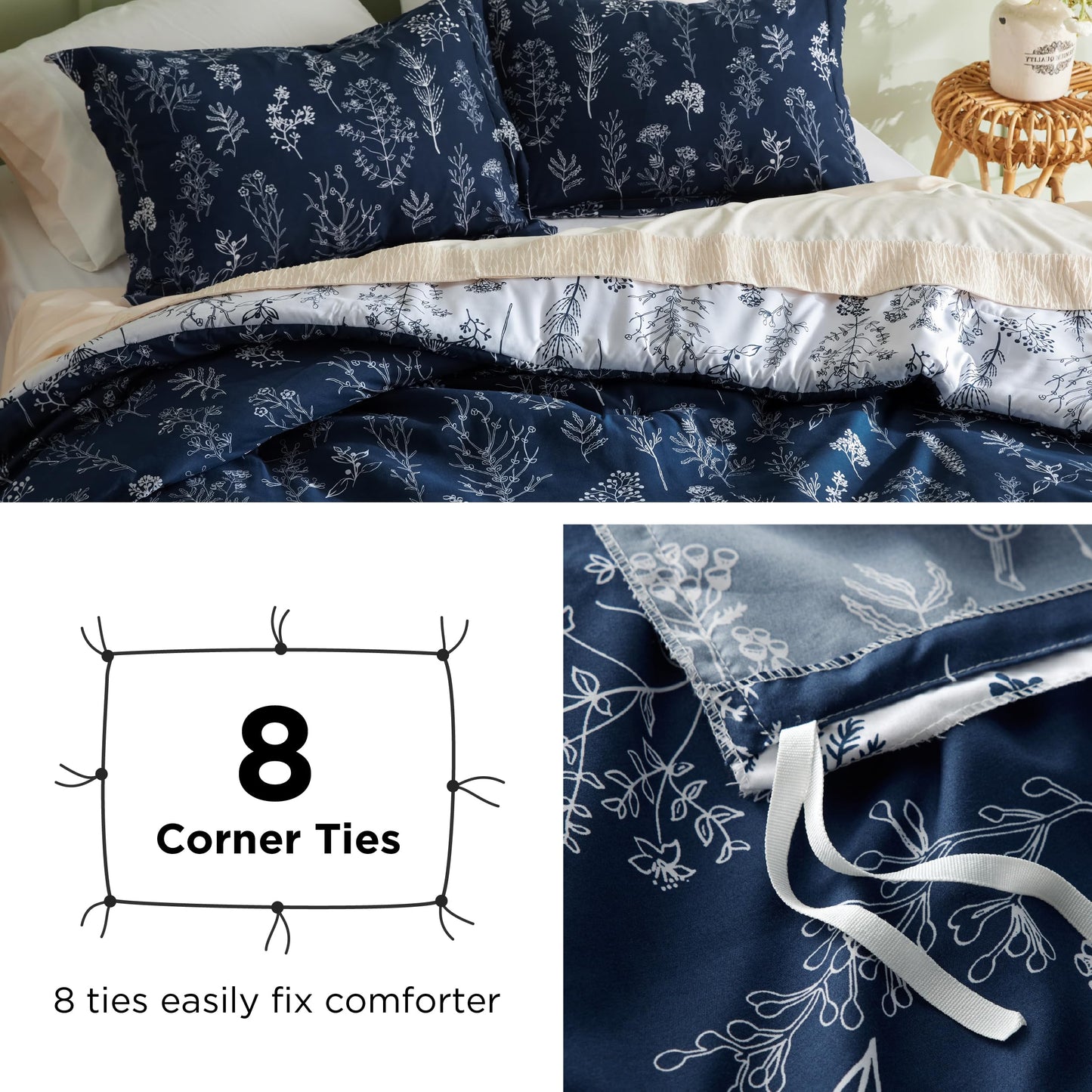 Bedsure Duvet Cover King Size - Reversible Navy Blue King Duvet Cover Set with Zipper Closure, 3 Pieces Floral Patterned Bedding Set with 8 Corner Ties and 2 Pillow Shams