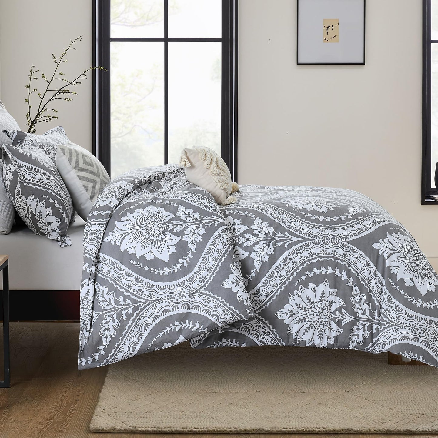 VOOVY Grey Duvet Cover King - 3 Pieces Paisley Damask King Size, Ultra Soft Breathable Bedding Duvet Cover Set with 100% Cotton for All Season, 104"x90", No Comforter