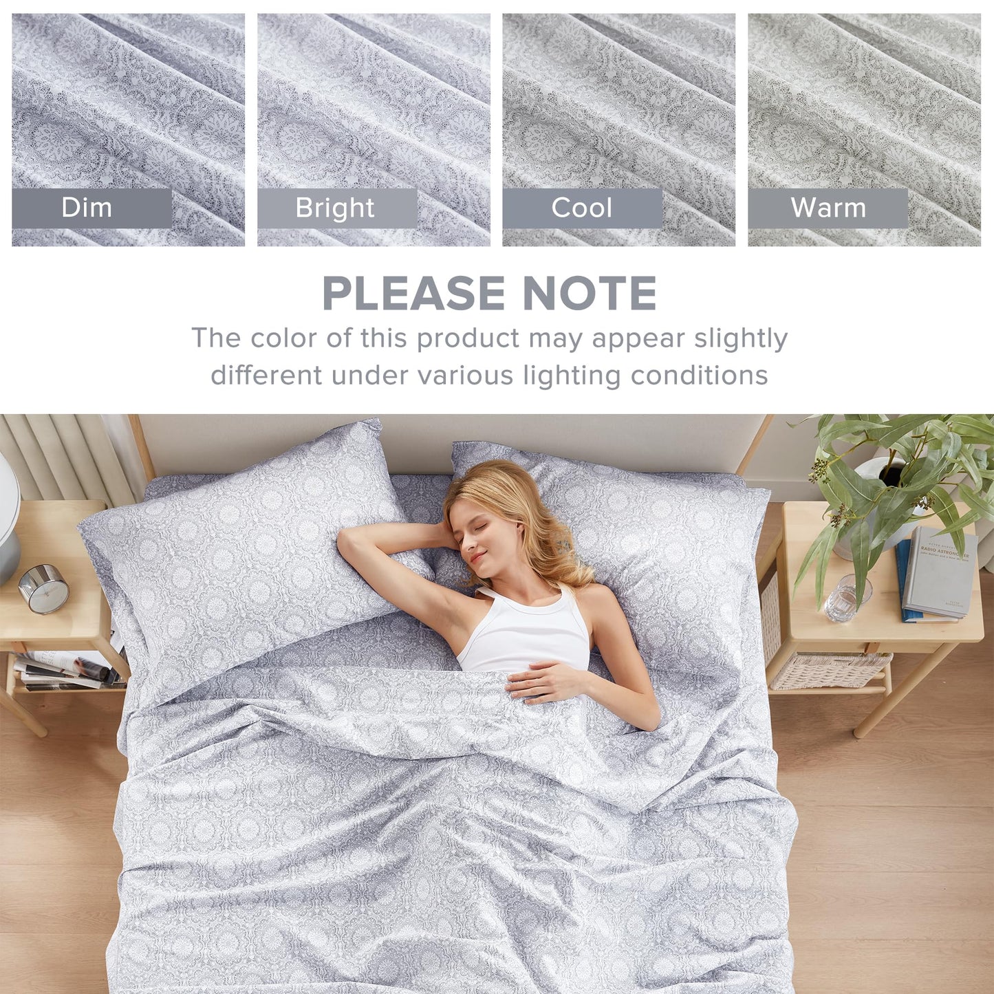 Comfort Spaces 100% Cotton Sheet Set Breathable, Lightweight, Soft with 14" Elastic Pocket Fits up to 16" Mattress, All Season Cozy Bedding, Matching Pillow Case, Cal King Adelia Gray 4 Piece