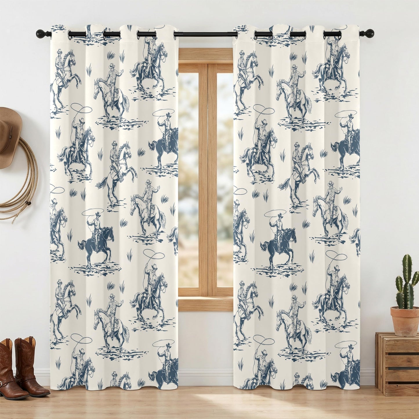 Western Cowboy Blackout Curtains – 100% Blackout Rustic Western Rodeo & Cowboy Design, Thermal Insulated Noise Reducing for Bedroom, Living Room & Man Cave (Vintage Lasso Riders, W52xL84, 2 Panels)