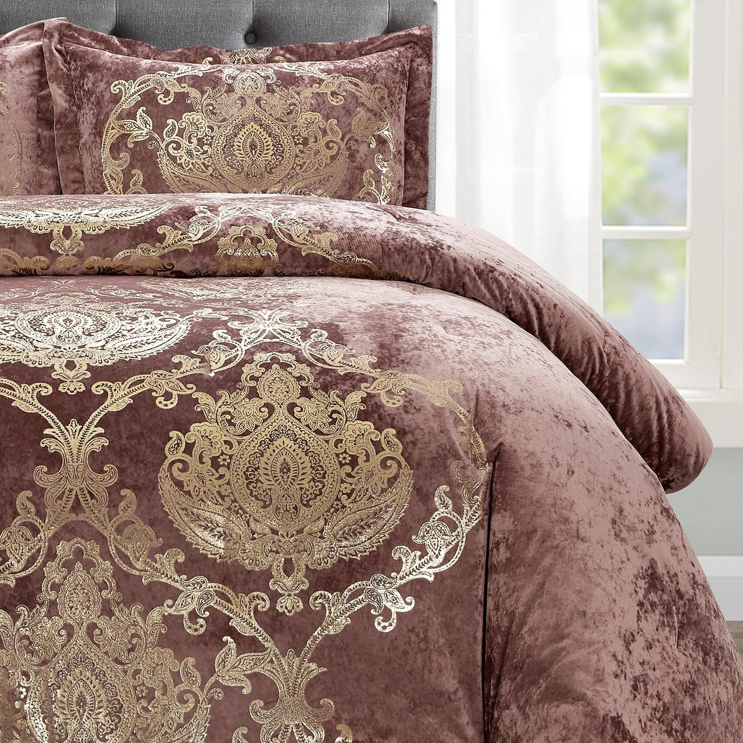 Sunshine Nicole Metallic Print Comforter Set, Distressed Velvet Face with Metallic Foil Print and Brushed Solid Microfiber Reverse, with Light Weight Soft Poly Fill, 3 Pieces Dusty Mauve Gold, Queen
