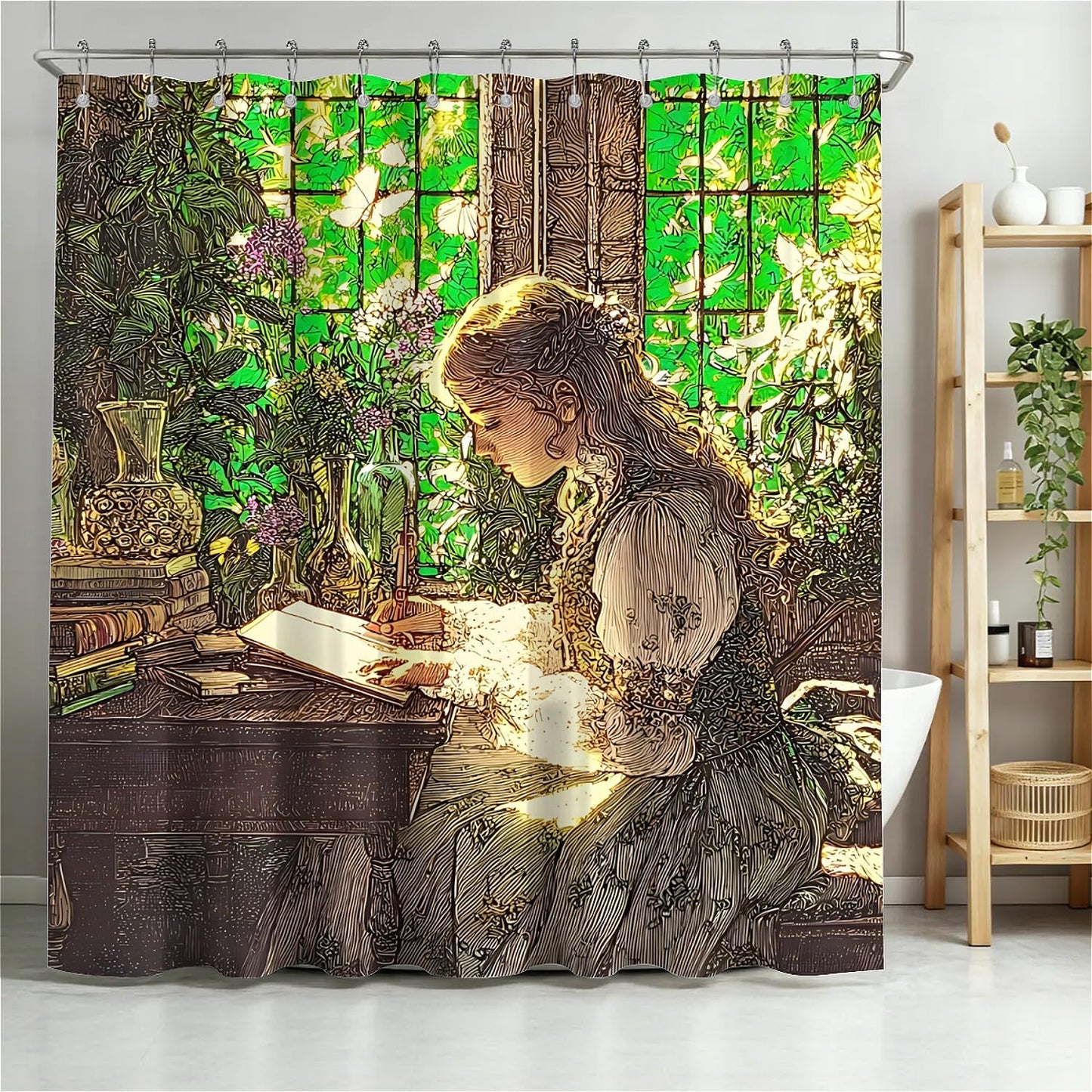 TANGXUNFA Reading Girl Shower Curtain for Bathroom, Water-Resistant Long Shower Curtain Set 72x72 Inch with Metal Grommets and 12 Metal Hooks