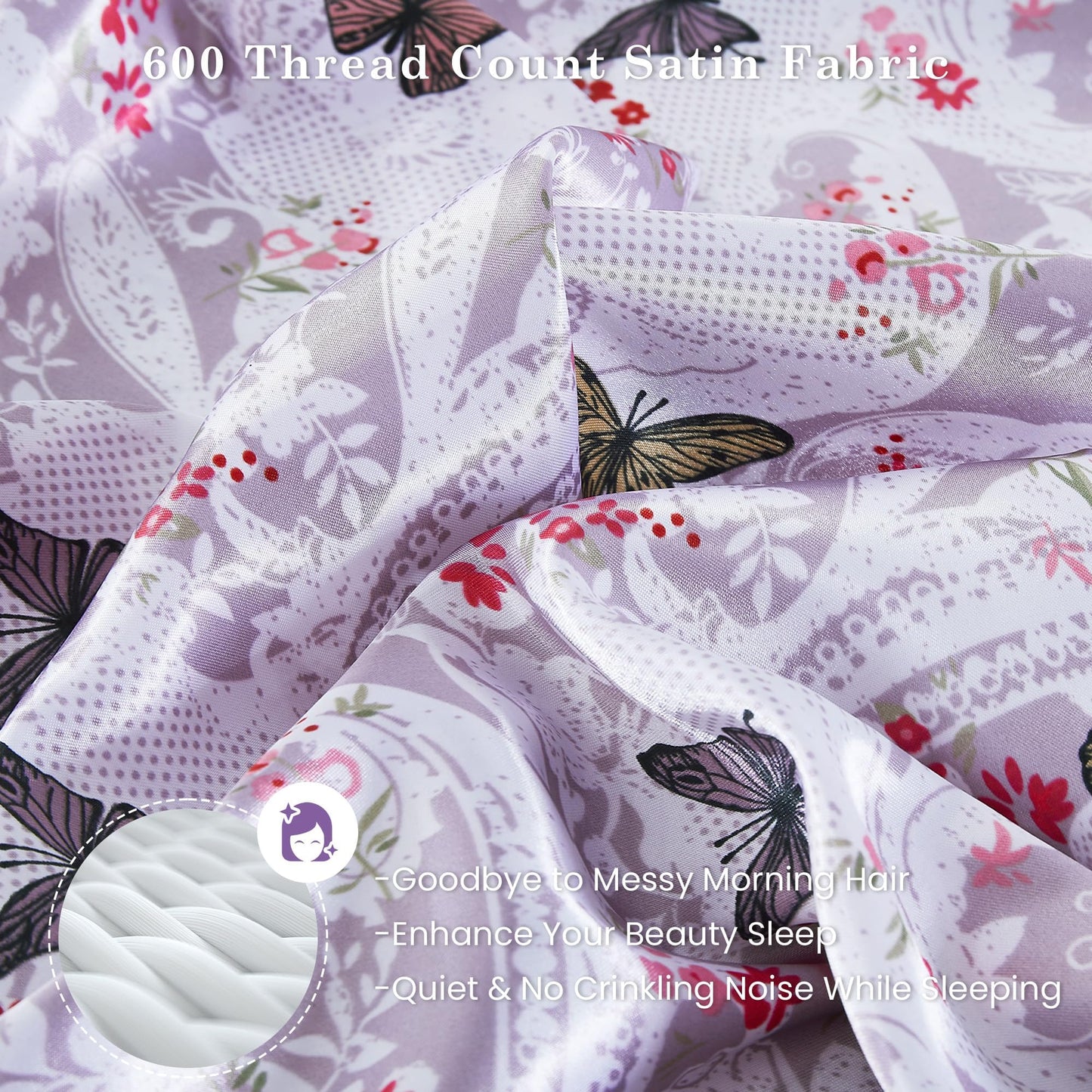 lasoftan Paisley Floral Satin Sheets Twin, Silky Butterfly Printed Fitted Bed Sheet with 15" Deep Pocket & Non-Slip Straps, Luxury Hotel Satin Summer Cooling Sheets & Pillowcase Set, Purple