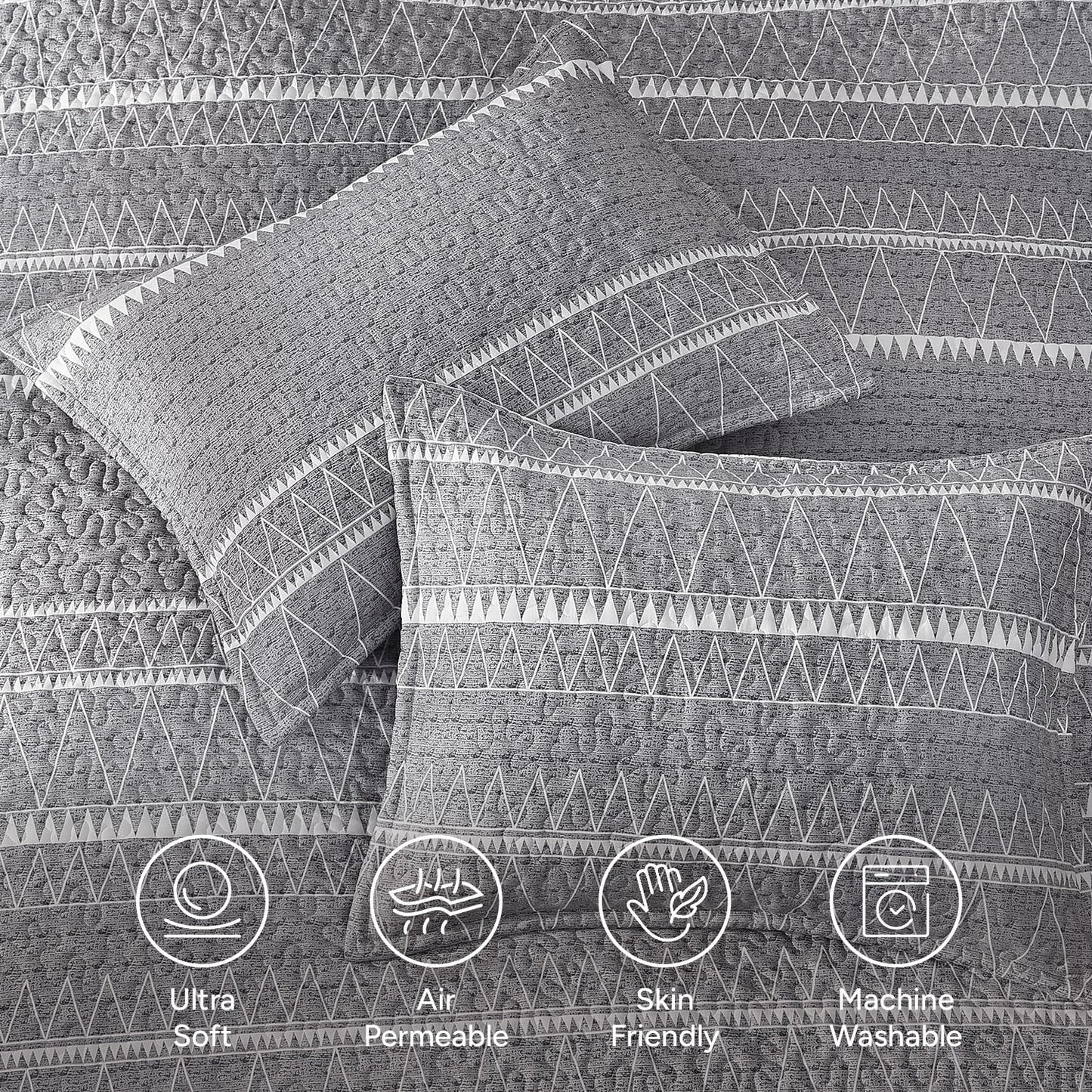 Andency California King Quilt Set Grey, 3 Pieces Boho Lightweight Soft Striped Cal King Bedspread for All Season (112"x104"), Gray Printed Bohemian Polyester Reversible Coverlet Comforter Sets
