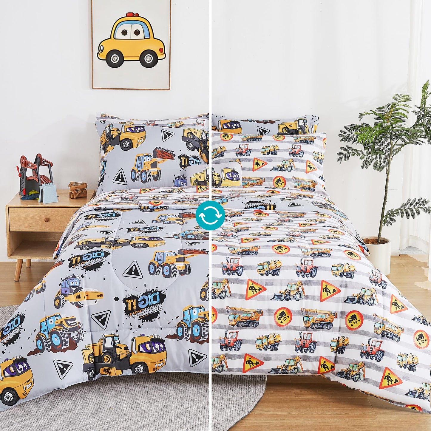 Mooreeke Kids Twin Comforter Sets for Boys 6 Pieces Heavy Duty Vehicle Bedding Set for Teens Microfiber Engineering Truck Kids Bed in A Bag with Comforter, Sheet Set, Shams and Decorative Toy Pillow