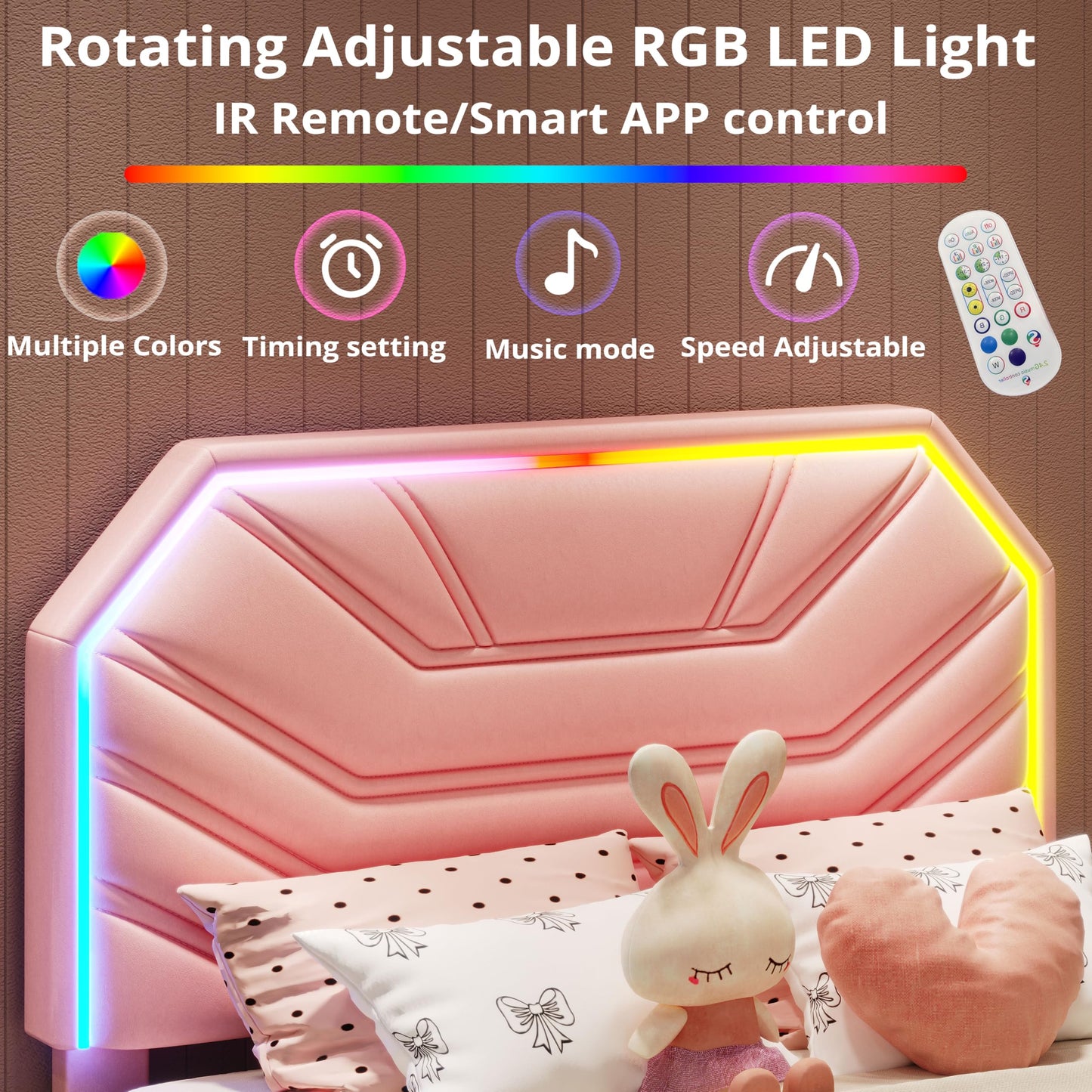 LIKIMIO Twin Bed Frames with LED Light Headboard, Upholstered Modern Cama Twin Platform Bed Frame with Heavy Duty Supports, No Box Spring Need, Noise Free, Easy Assembly, Princess Pink