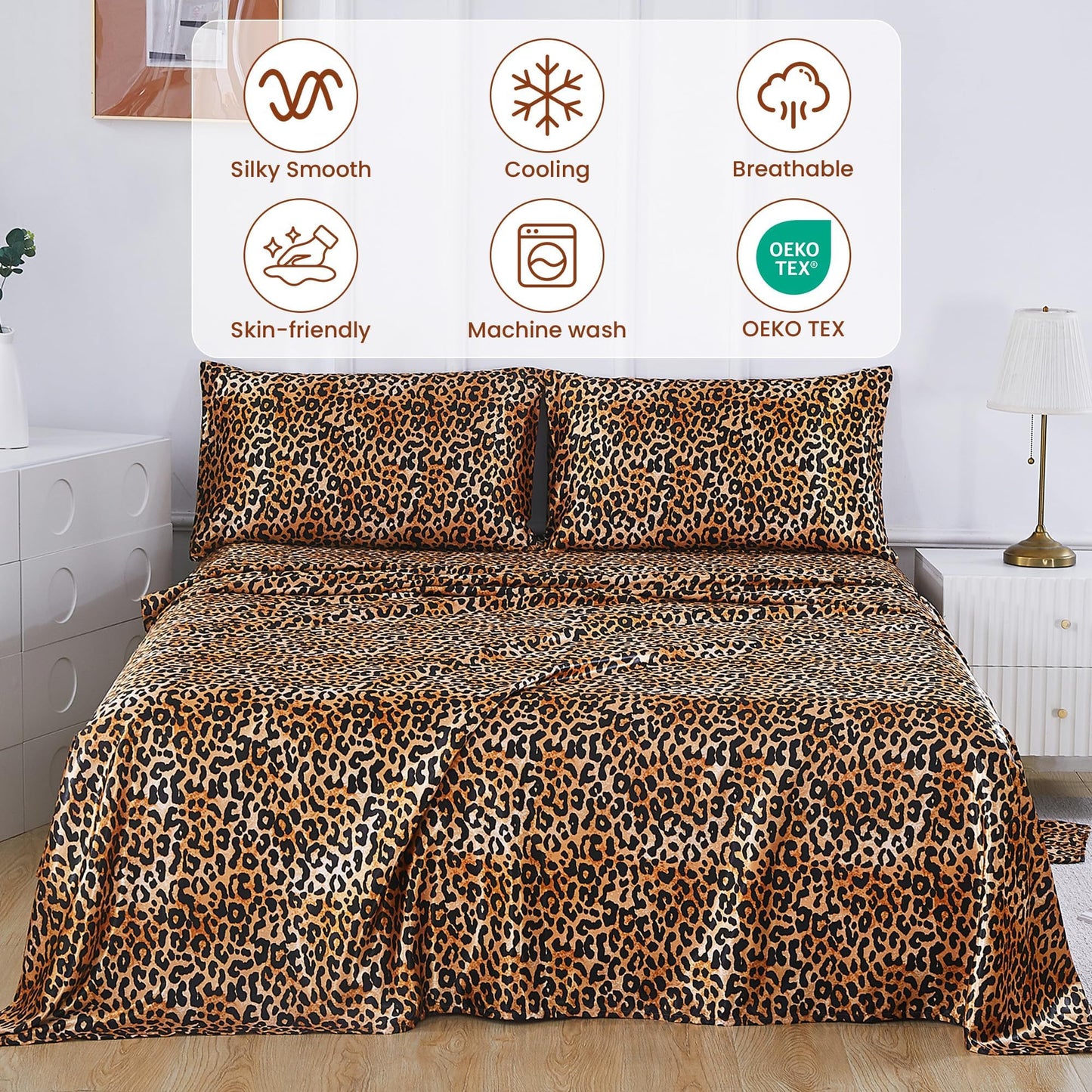 lasoftan Leopard Print Satin Sheets Queen, Silky Animal Printed Fitted Bed Sheet with 15" Deep Pocket & Non-Slip Straps, Luxury Hotel Satin Summer Cooling Sheets & Pillowcase Set, Yellow