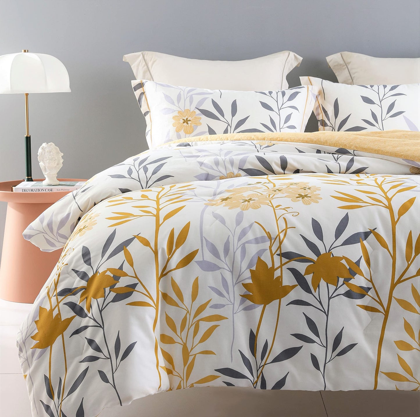 SLEEPBELLA Comforter King Size, 600 Thread Count Cotton Grey Branch with Yellow Flower & Grey Leaves Pattern Orange Reversible Comforter Set,Down Alternative Bedding Set 3Pcs(King, Yellow Botanical)