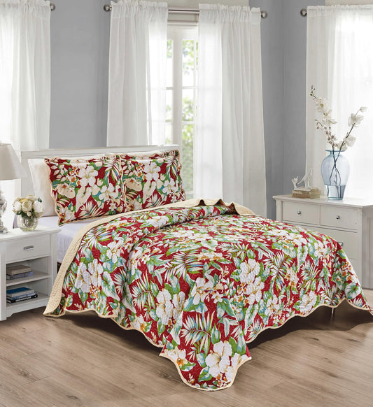 Grand Linen 3-Piece Queen Size Tropical Oversized Quilt Set 100 inch X 106 inch All Seasons XL Bedspread, Pillow Shams Lightweight Soft Coverlet Red Green White Colors Bed Cover Floral Leaves Pattern