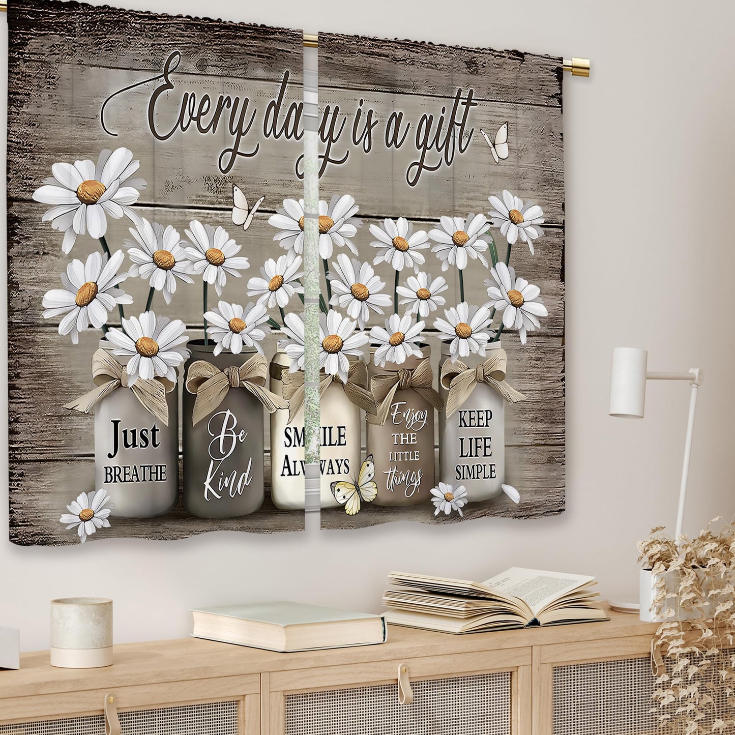 Laifzere Farmhouse Floral Kitchen Curtains Daisy Rustic Vintage Flower Inspirational Small Short Cafe Window Curtains Wooden Country Quotes Bathroom Tier Window Treatment Drapes (27.5x39 Inch)