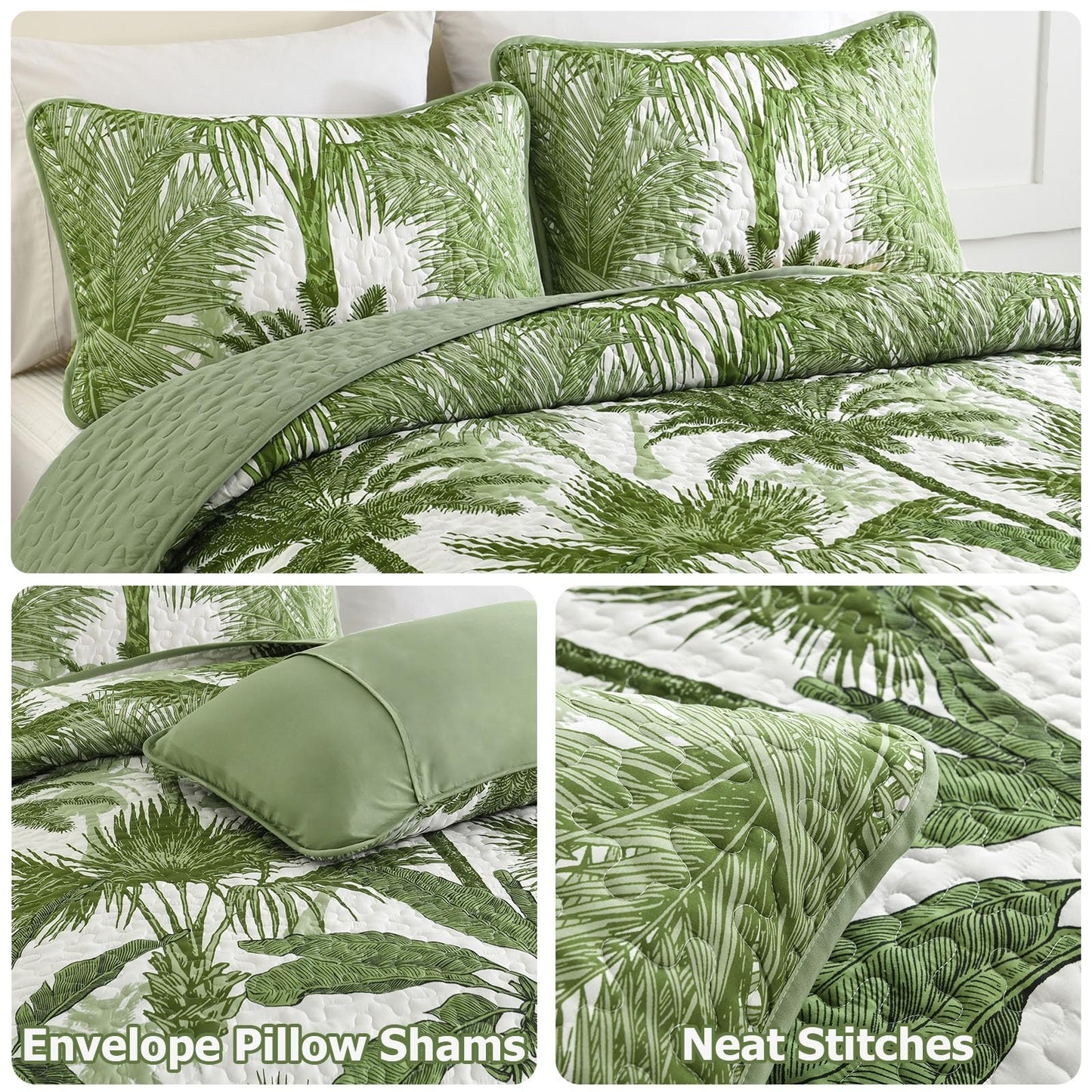 Luxudecor Tropical Plants Quilt Set Queen Size 3 Pieces Green Palm Botanical Bedspread Rainforest Style Bedding Set Soft Lightweight Bed Cover for All Season 96"x90"