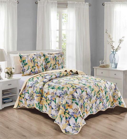 Grand Linen 3-Piece King Size Wave Edged Oversized Quilt Set 120 inch X 106 inch All Seasons Large Bedspread, Pillow Shams Lightweight Soft Coverlet Beige Purple Green Colors Bed Cover Floral Pattern