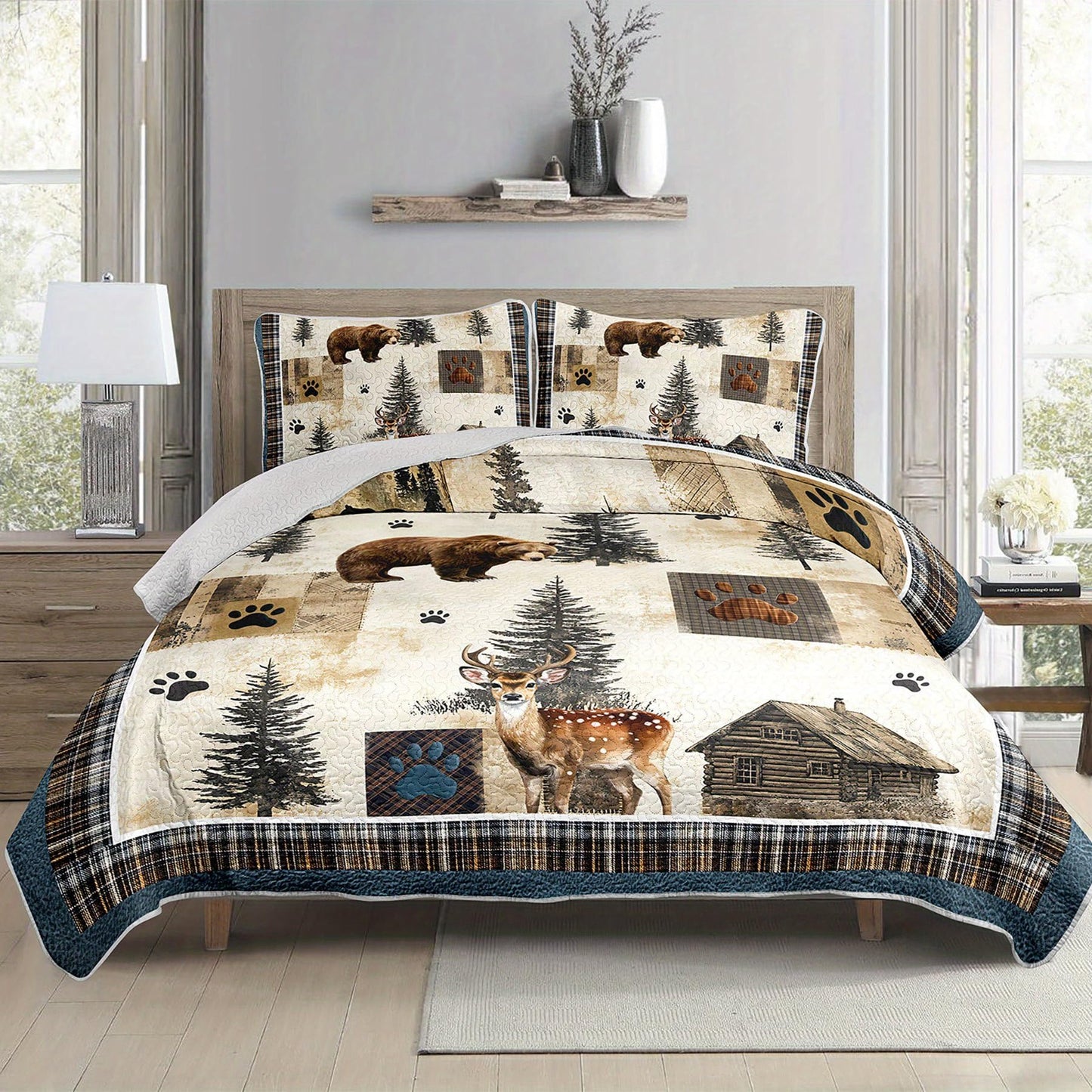 Tuzaovy Bear Deer Quilt Set Queen Size,Rustic Animal Bear Paw Printed Bed Cover Set for Boys Girls Room Decor,Rustic Farmhouse Quilt Bedding,Country Woodland Pine Tree Bedspread Bedroom Decor