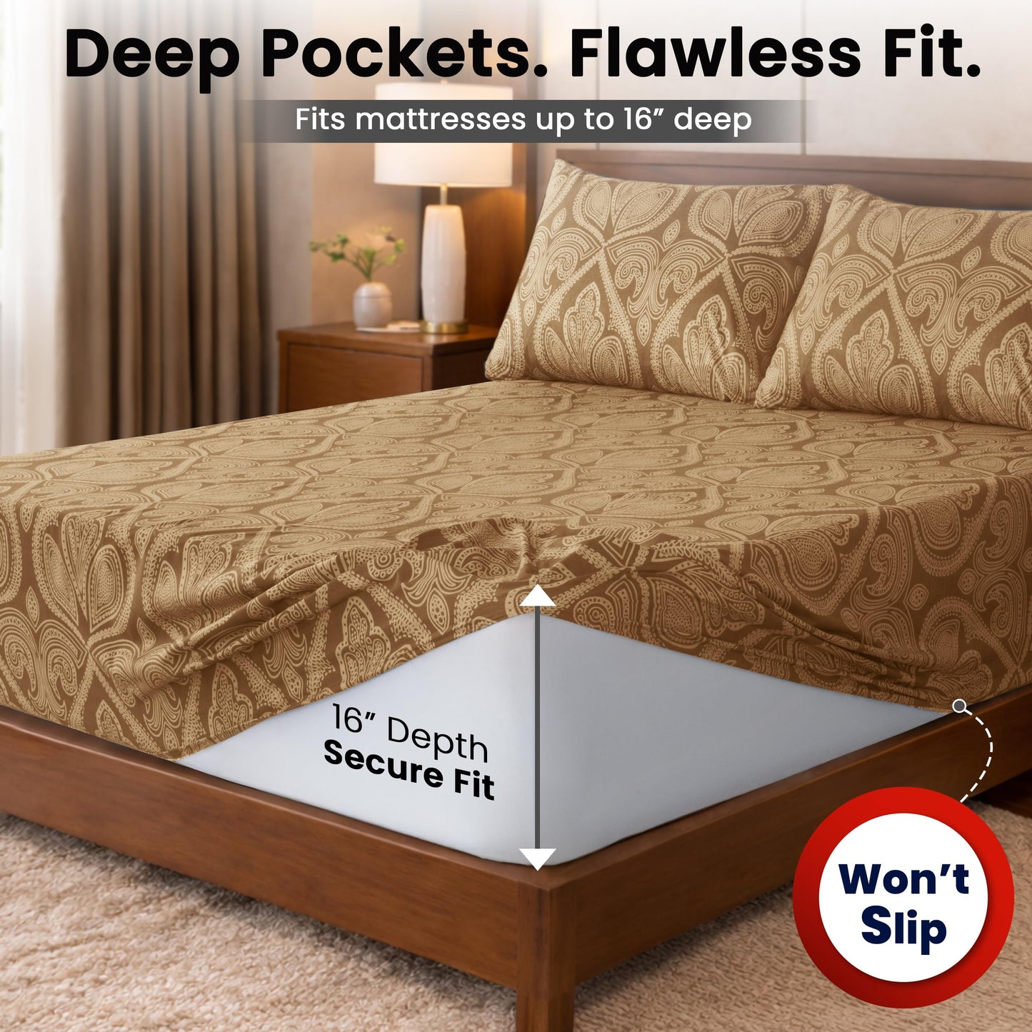 Ultra Soft Wrinkle-Free Microfiber Paisley Sheet Twin XL Set, Cute Floral Pattern Boho Print – 16" Deep Pocket Fitted Sheet, Flat Sheet & 2 Pillowcases, Breathable, OEKO-TEX - Brown