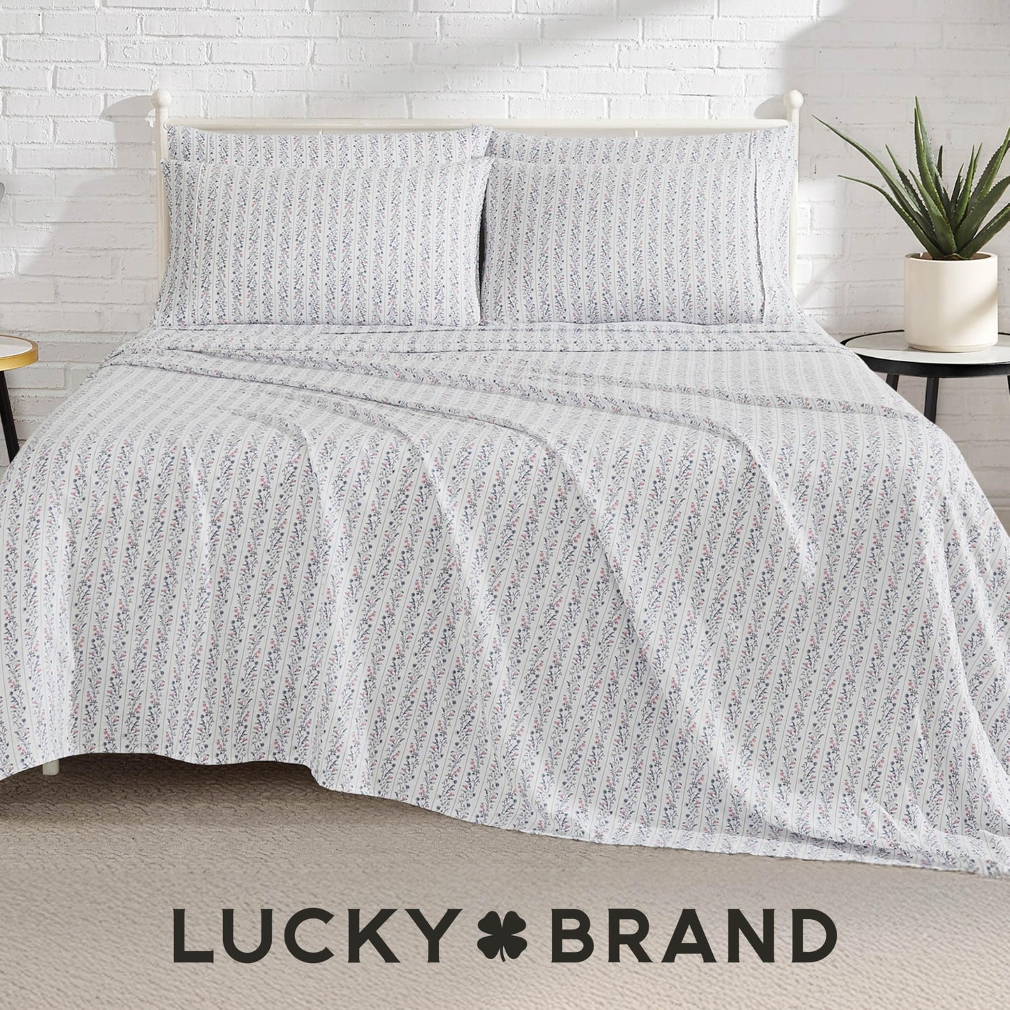 Lucky Brand Printed Microfiber 6-Piece Queen Sheet Set, Floral Stripes Blue