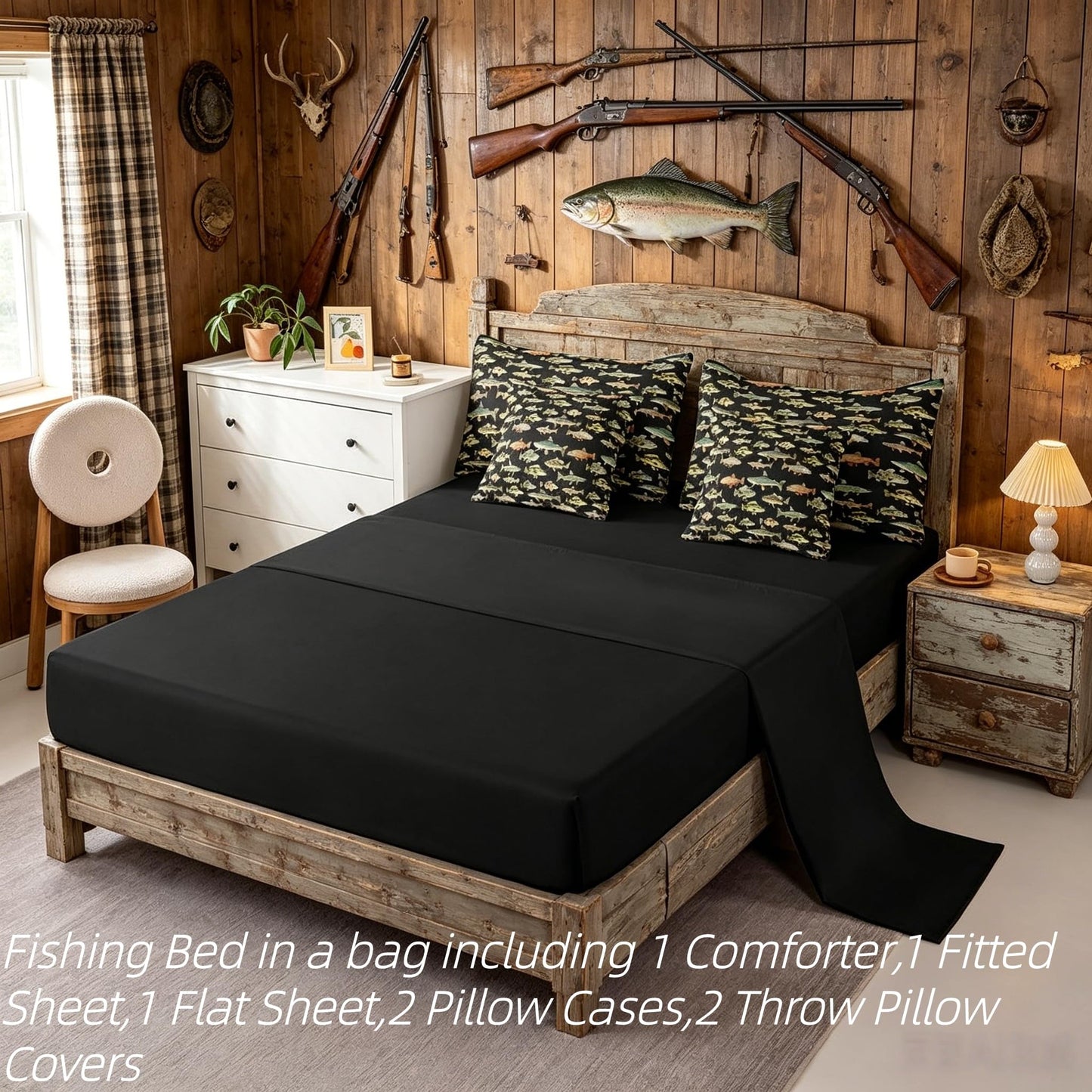 Erosebridal Kids Pike Fish 7 Pieces Comforter Set Full Size, Fishing and Hunting Bedding for Men Adults, Fishing Rustic Comforter Sets with Sheets, Animals Marine Life Bed Set Bed in a Bag