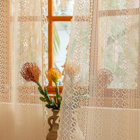 Sutuo Home Beige Boho Lace Curtains 84 inches Long,Crochet Macrame Bohemian Drape Farmhouse Vintage Chic Tassels,Cream Sheer Window Curtains for Living Room&Bedroom Decor Rod Pocket, 2 Panels 50" W