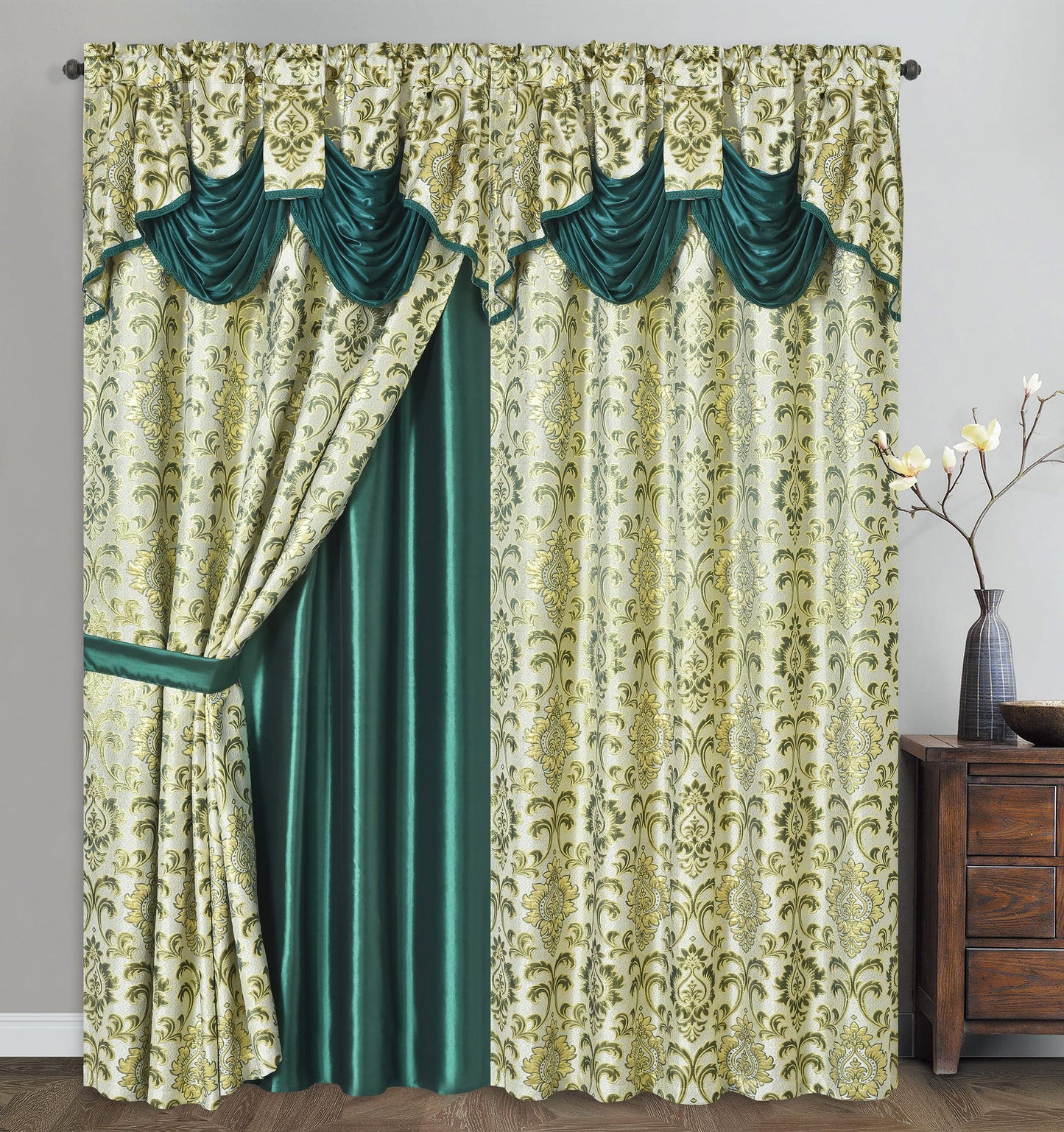 GOHD Samba Star. Jacquard Window Curtain Panel Drape with Attached Fancy Valance and Taffeta Backing. 2pcs Set. Each pc 54" Wide x 90" Drop with 18" Valance. (Hunter Green)