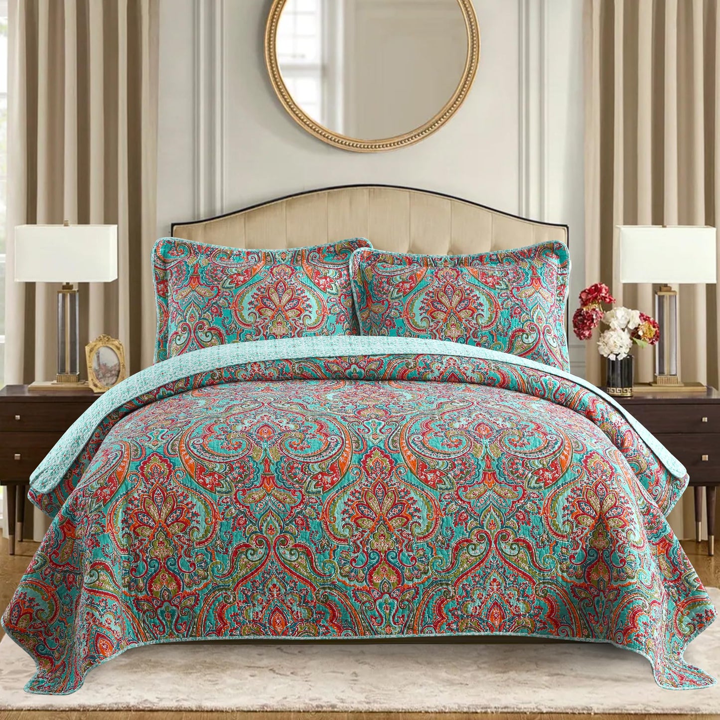 Etwel Lightweight Cotton Queen Size Quilt Set - Breathable Reversible Bedspread for Hot Sleepers, Farmhouse Floral Bedding Set with 2 Pillow Shams for All Season (90"x98", Crown Teal)