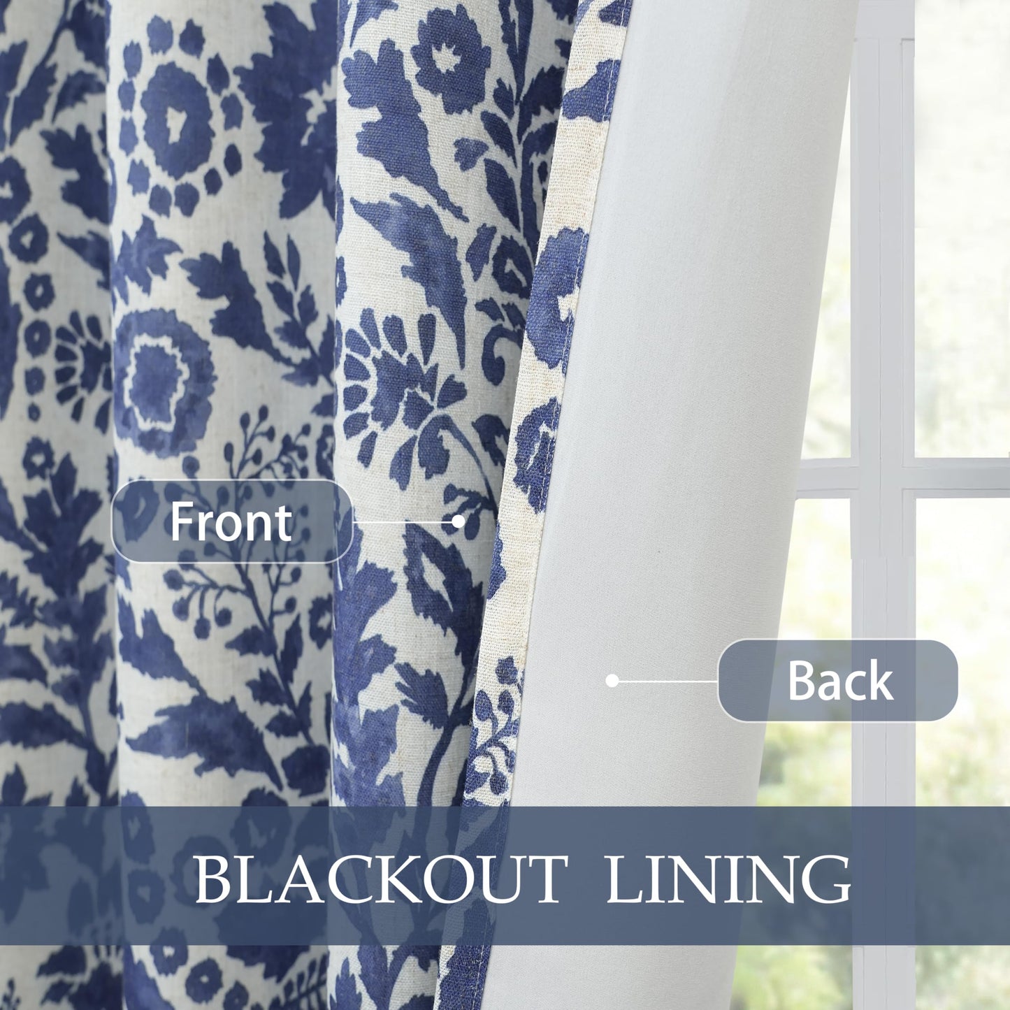 DriftAway Julia 100% Blackout Linen Curtains for Bedroom Navy Floral Watercolor Pattern Double Layer Thermal Insulated Sound Reducing Drapes for Living Room Grommet 2 Panels Each W52 x L84 Linen Navy