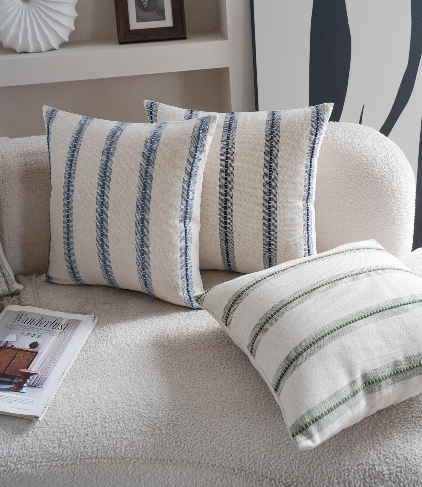Cethom Boho Throw Pillow Covers 18x18 Set of 2, Beige and Blue Striped Decorative Pillow Cases for Couch Chair Bed, Textured Farmhouse Accent Cushion Covers for Living Room Bedroom Sofa Home Decor