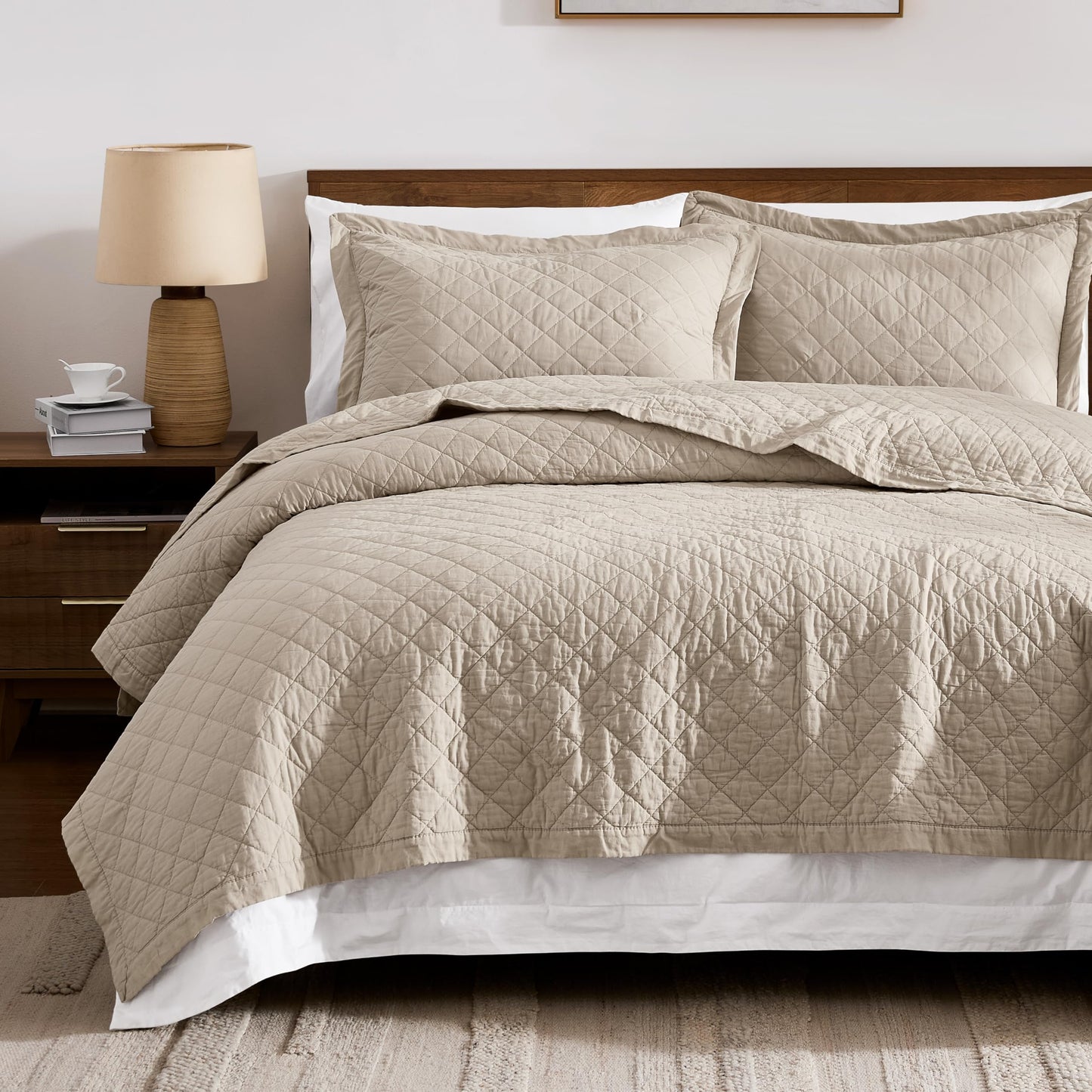 WDCOZY 100% Cotton Quilt Oversized King Size Bedspread, Pre-Washed 3-Piece Lightweight Soft Coverlet Set with 2 Pillow Shams, Farmhouse Design All Season Bedding Set, Beige