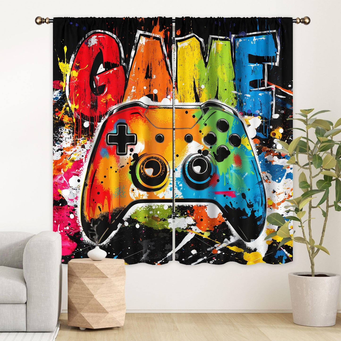 LIGHTINHOME Gaming Curtains 42Wx63H Inch Video Game Graffiti Kids Controller Gamepad Cool Gamer Rod Pocket Boys Bedroom Living Room Window Drapes Treatment Fabric 2 Panels