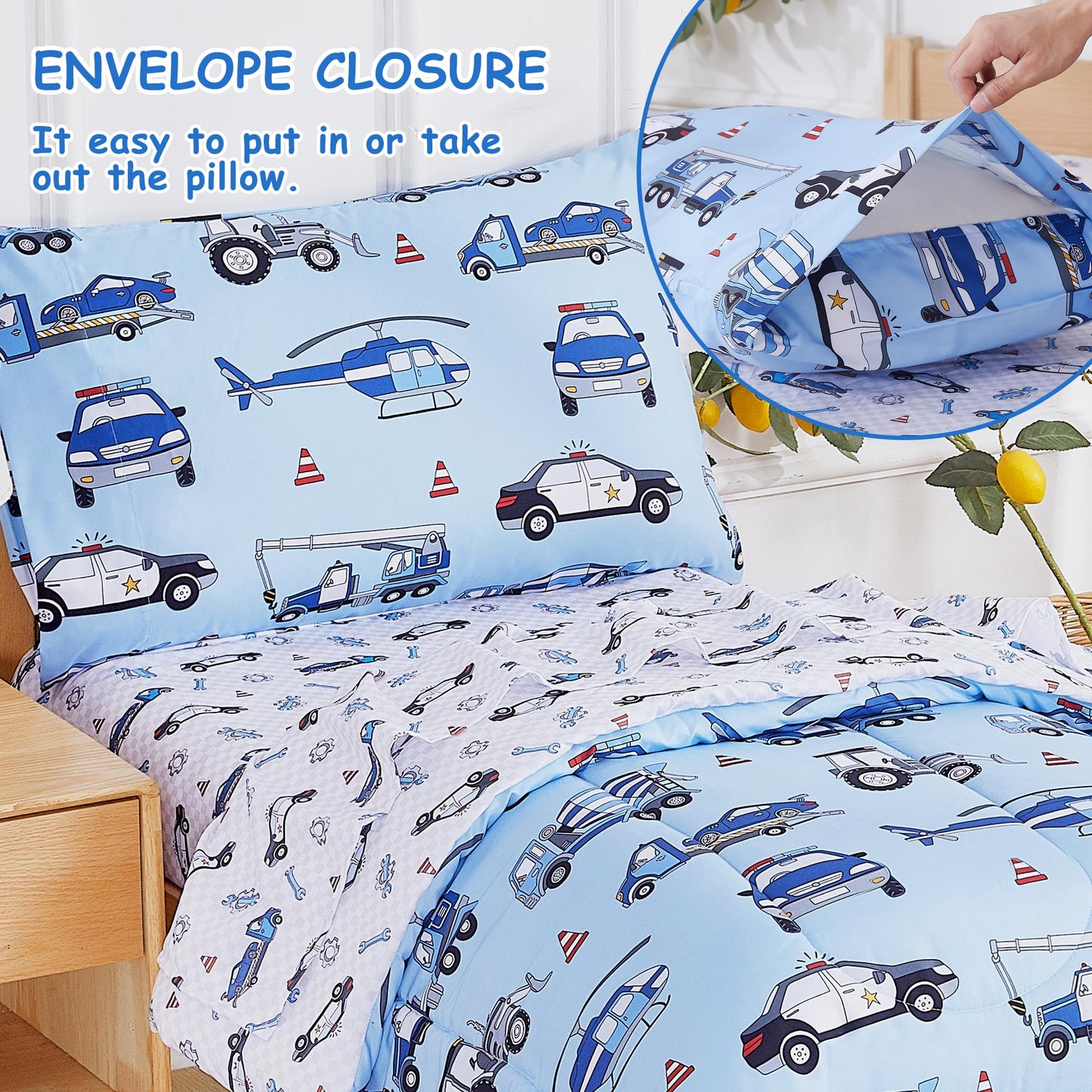 Mooreeke 4 Pieces Toddler Bedding Set - Blue Cool Police Car Plane Toddler Comforter Sets for Boys, Includes Comforter, Flat Sheet, Fitted Sheet and Pillowcase, Bed in A Bag for Baby Bedroom