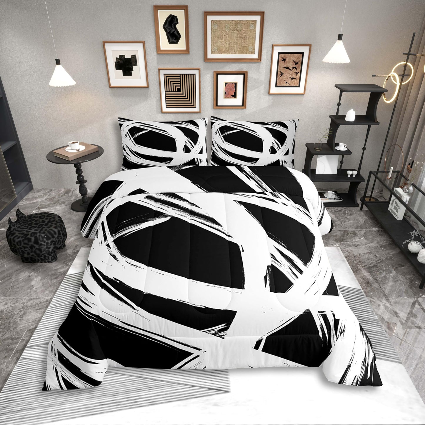 Erosebridal White and Black Abstarct Queen Comforter Set for Adult Women Men, Geometric Striped Bedding Set for Minimalists,Graffiti Aesthetic Lines Quilt,Contemporary Boho Modern Art Duvet Insert