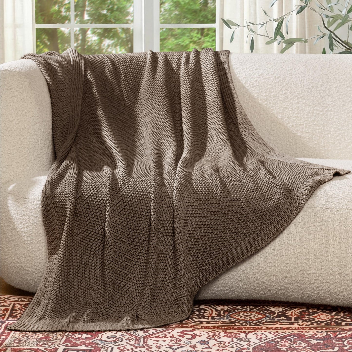 blunique 100% Cotton Cable Knit Throw Blanket, Lightweight Soft Knit Blanket for Sofa Couch Bed, Breathable All-Season Throw, Cozy Decorative Blanket, 50 x 60 Inch,Taupe