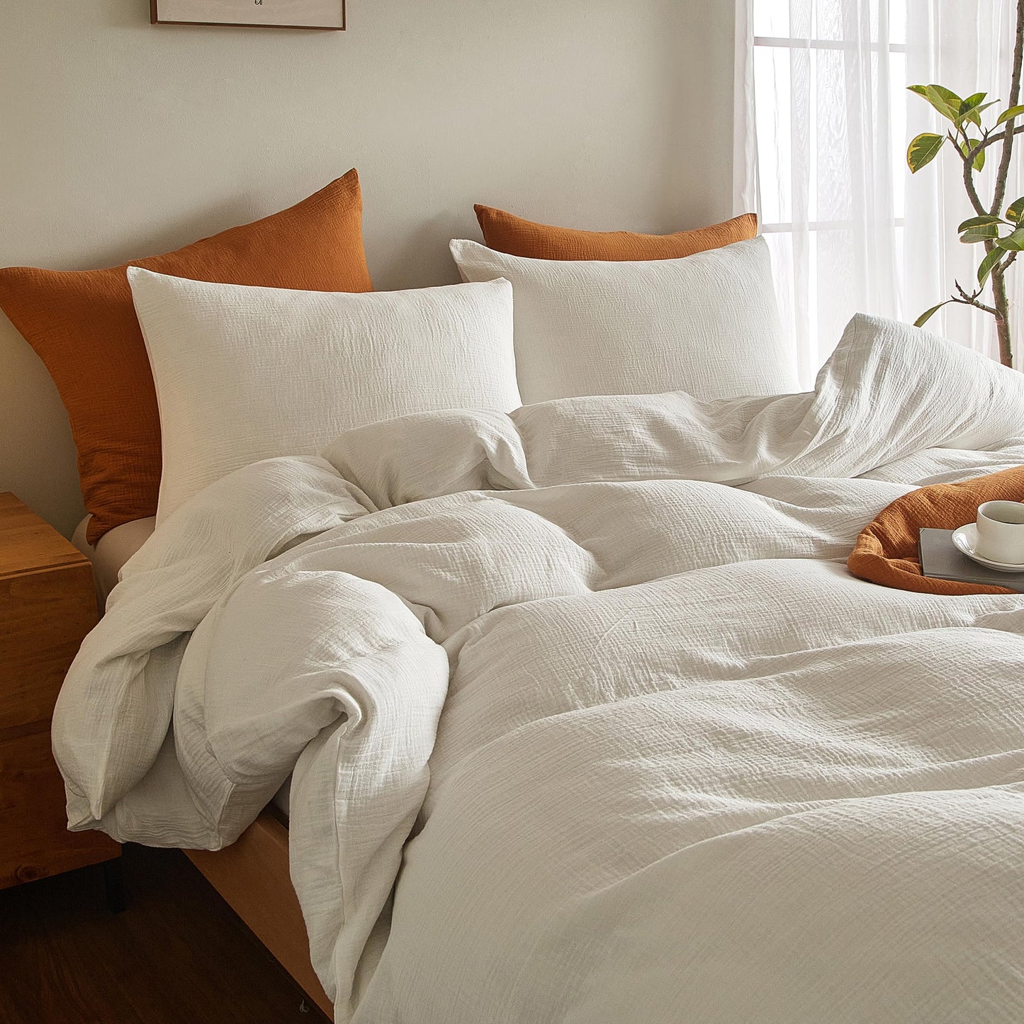 SE SOFTEXLY Muslin Duvet Cover Queen Size, 100% Washed Cotton Duvet Cover Set, Ultra Soft Comforter Cover Linen Like, 3 Pieces Minimalist Gauze Duvet Cover with 2 Pillowcases, 90"x90", White