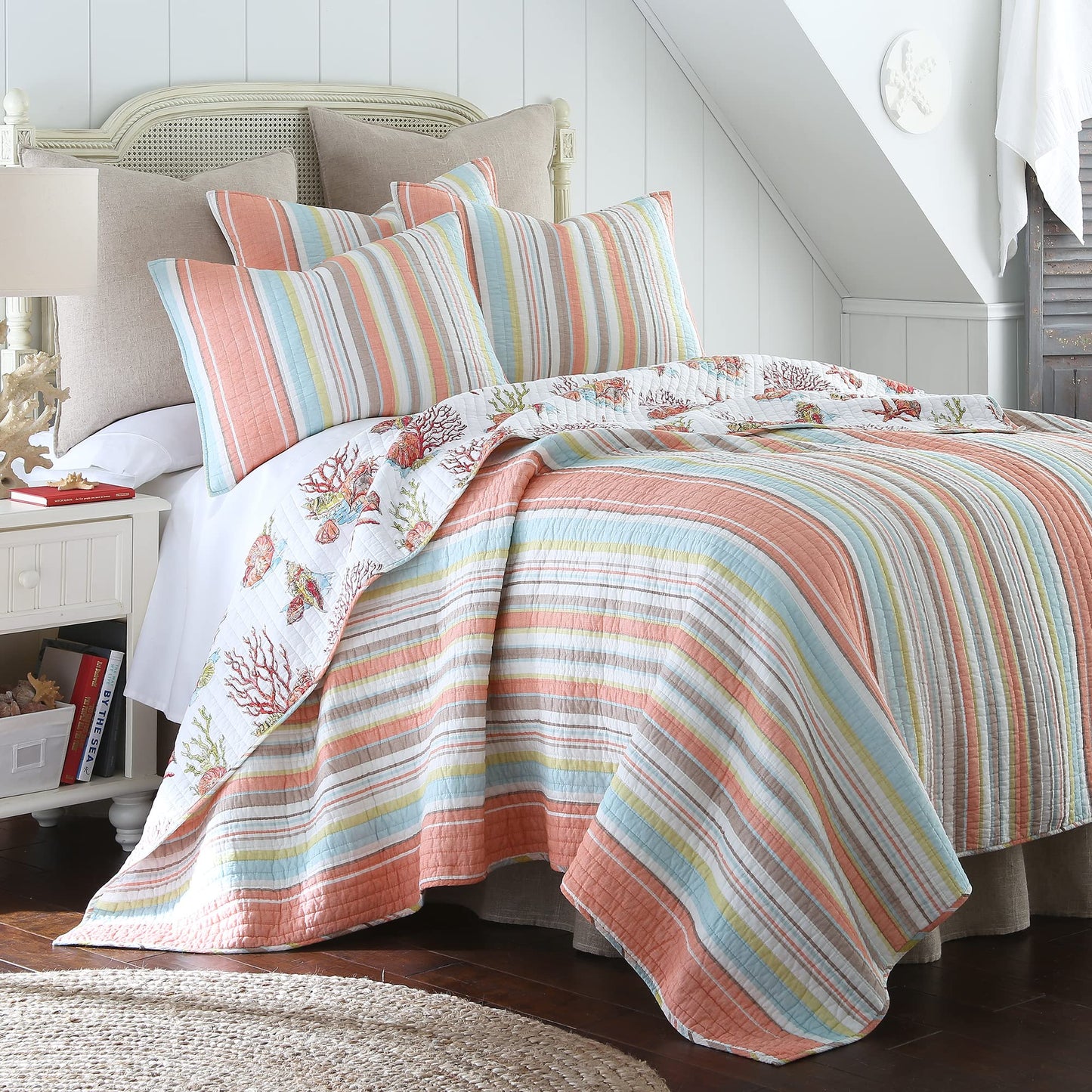 Levtex Home Brighton Coral King Cotton Quilt Set Stripe Coastal