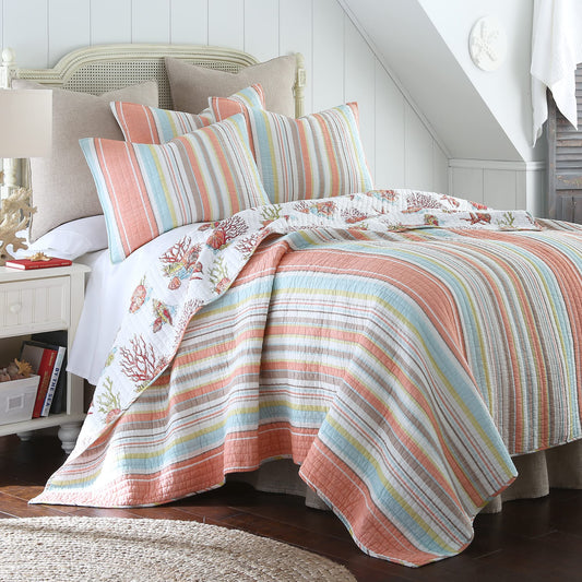 Levtex Home Brighton Coral King Cotton Quilt Set Stripe Coastal