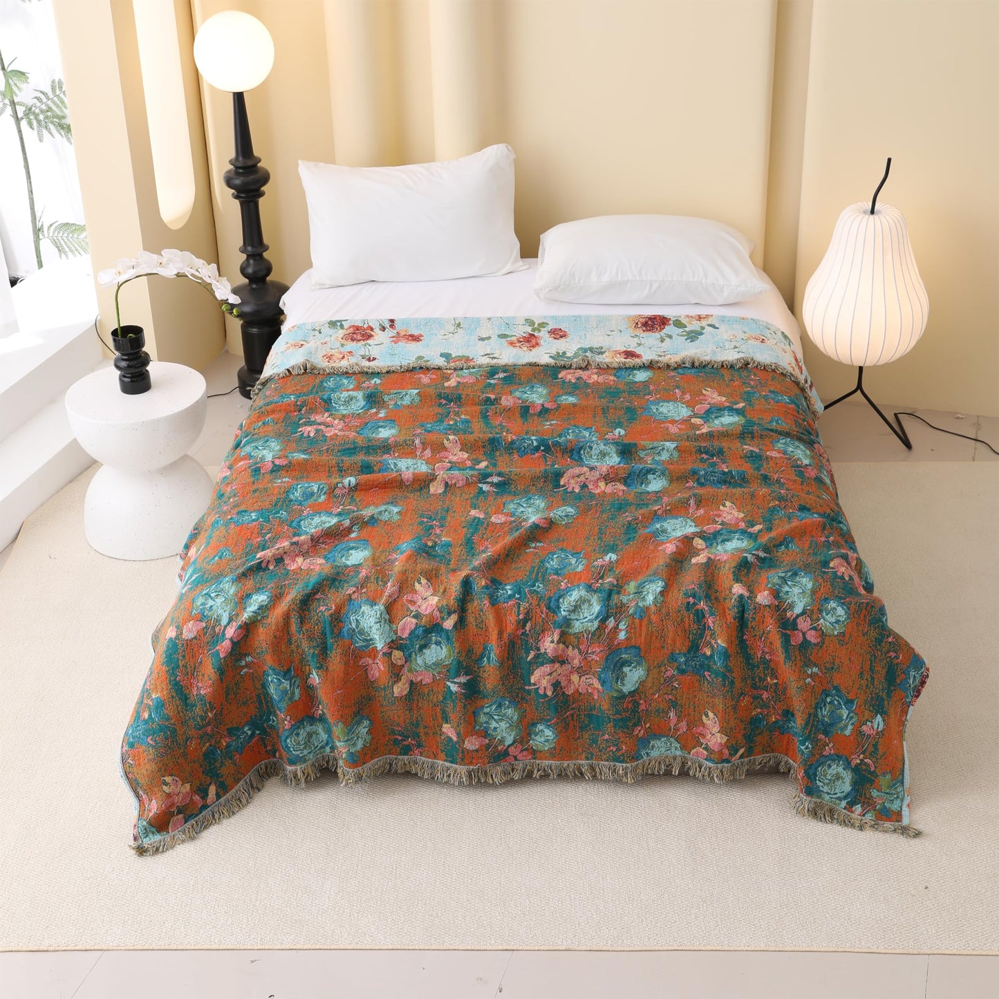 BRYALIX 100% Cotton Muslin Floral Throw Blanket, Blue with Rose Pattern, Lightweight Quilt, Boho Farmhouse Decorative Fringed Reversible Jacquard Throw for Home, Picnic, Travel, 60"x80"