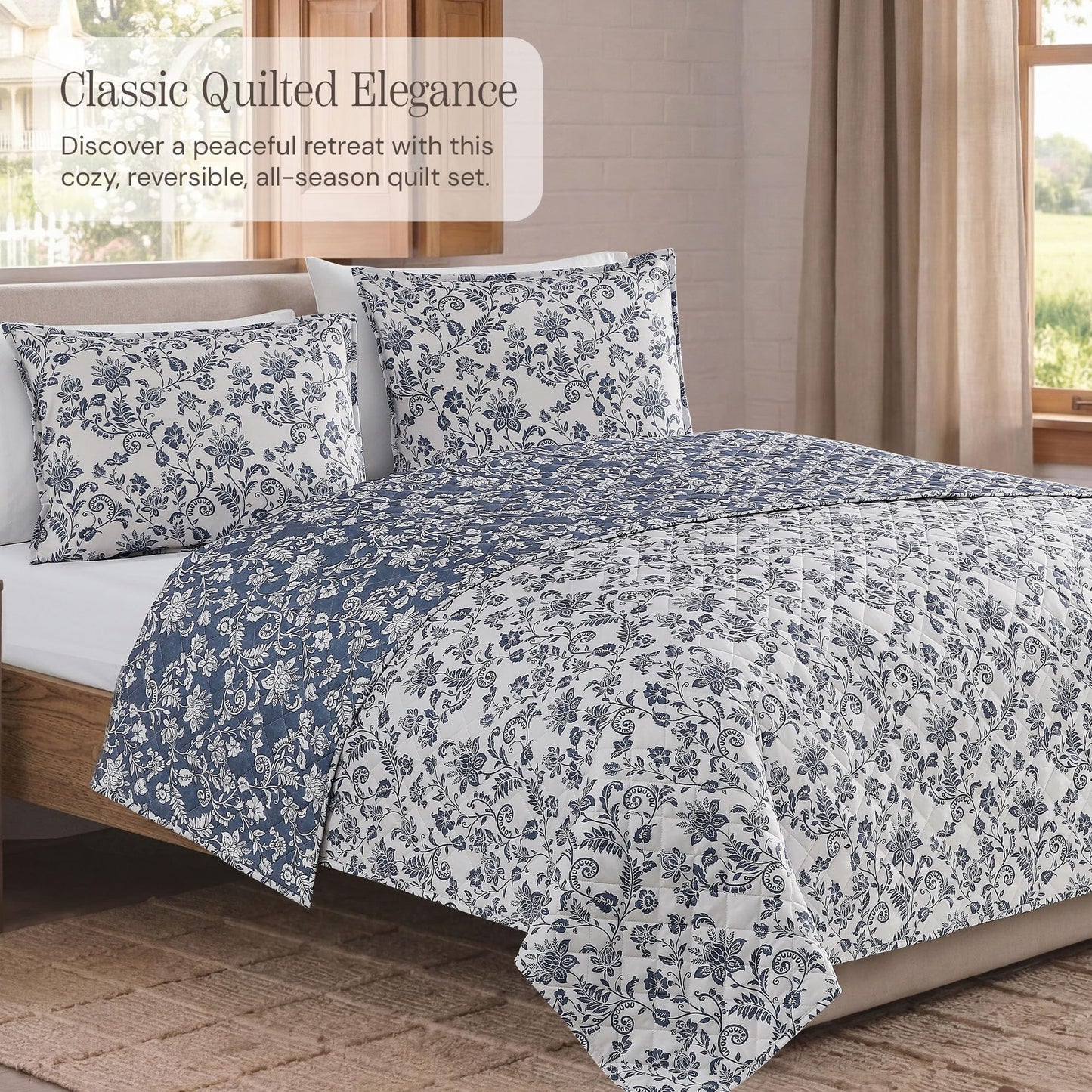BLOOMHAVEN Quilt Set Queen Size, Oxford Blue Floral Quilt Sets, Reversible Bedspread Lightweight and Breathable for All Seasons, Soft Quilted Bedspread with 2 Pillow Shams