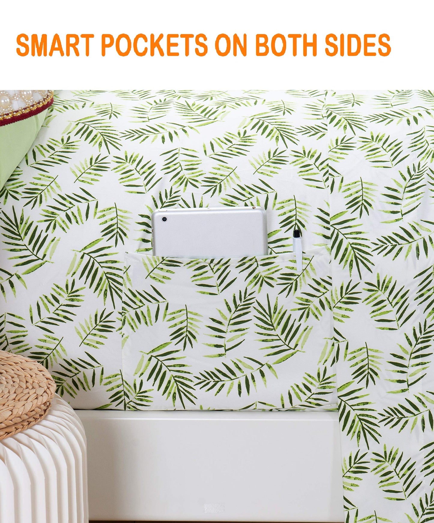 Elegant Comfort Ultra-Soft Double Brushed 6-Piece Microfiber Sheet Set Beautiful Tropical Patterns, and Vibrant Solid Colors, Luxury, All-Season Bed Sheet Set - Palm Leaves, Queen
