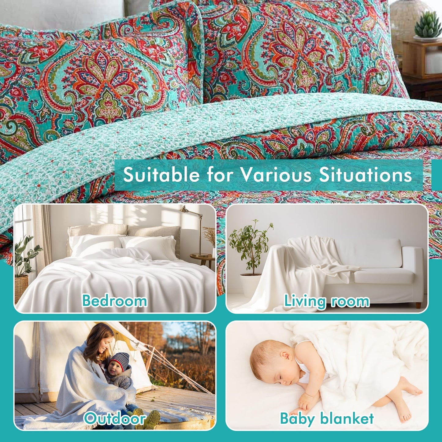 Etwel Lightweight Cotton Queen Size Quilt Set - Breathable Reversible Bedspread for Hot Sleepers, Farmhouse Floral Bedding Set with 2 Pillow Shams for All Season (90"x98", Crown Teal)