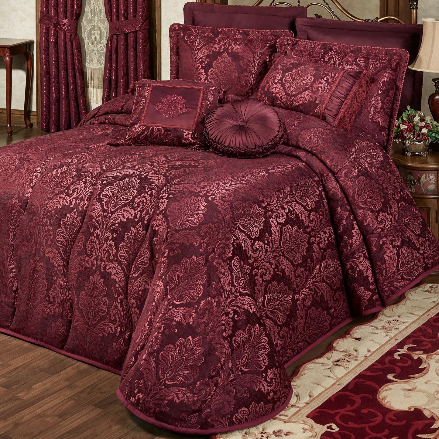 Touch of Class Camelot Luxury Bedding | Robust Burgundy | Matte Satin Damask on Richly Textured Jacquard-Woven Chenille | Designed 3 Piece Set Includes Cal King Quilted Bedspread & 2 King Shams