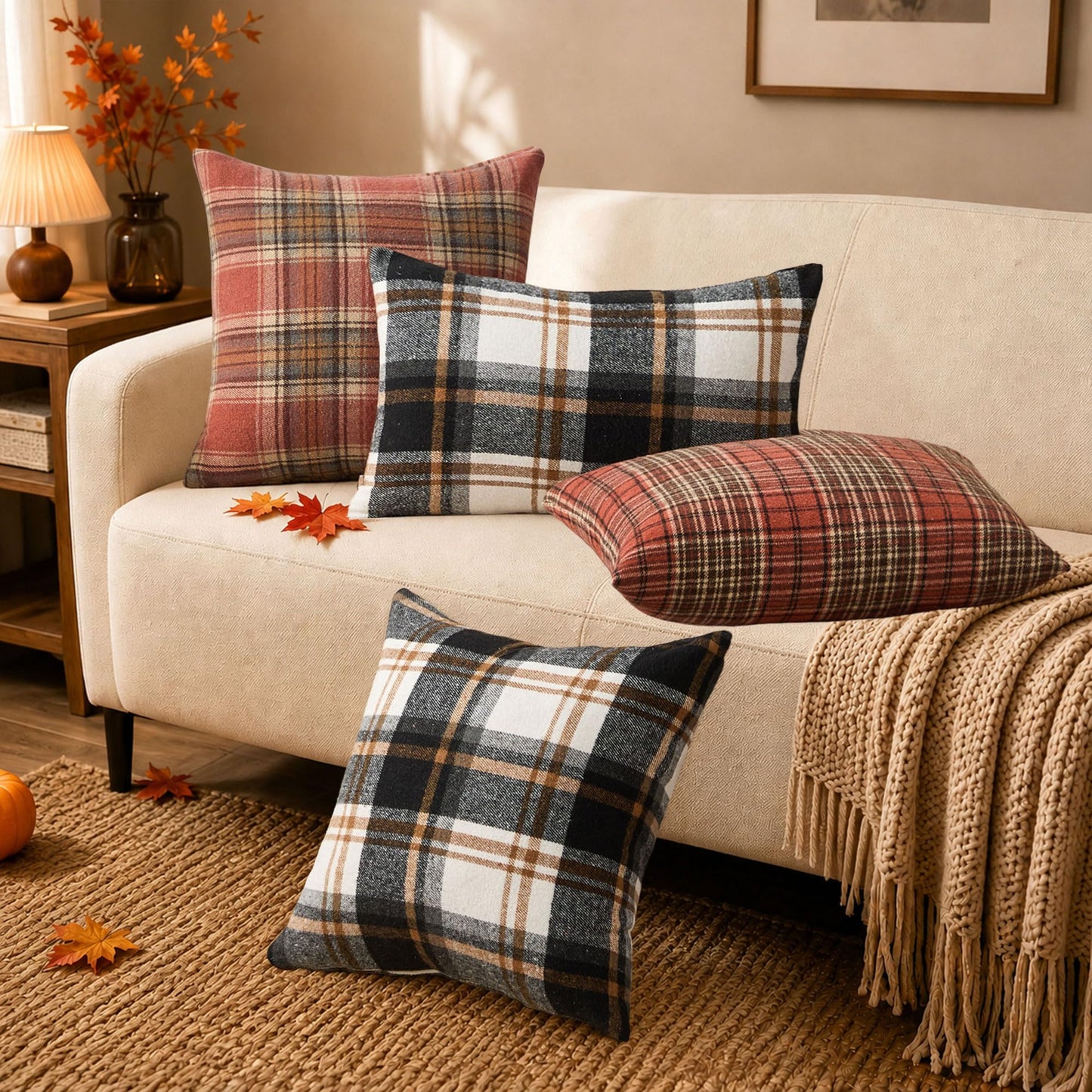 KUYZT Fall Plaid Pillow Covers 18x18 Set of 2 Black Beige Buffalo Plaid Decorative Outdoor Pillowcases Farmhouse Rustic Home Decor for Couch Sofa Bedroom Chair Garden QZ002A18