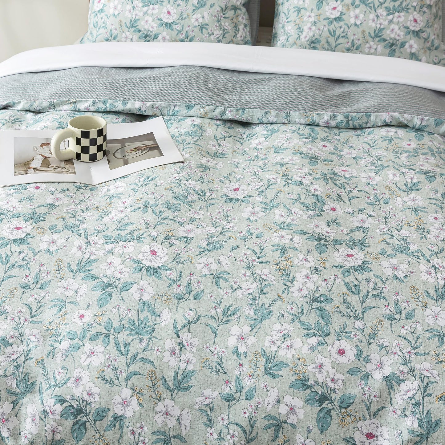 HoneiLife Botanical Duvet Cover King - 100% Cotton Comforter Cover 3-PC, Floral Bedlinen Set with Zipper Closure & Corner Ties, Wildflower Comforter Cover Sets, Greenery