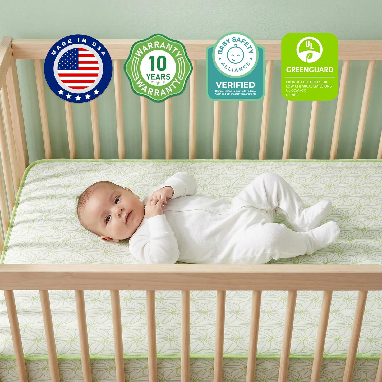 Dream On Me Meadow Firm Fiber Crib & Toddler Mattress – Willow Green, Waterproof Vinyl Cover, GREENGUARD Gold & BSA Certified, Made in USA, Fits Full Size Cribs & Toddler Beds