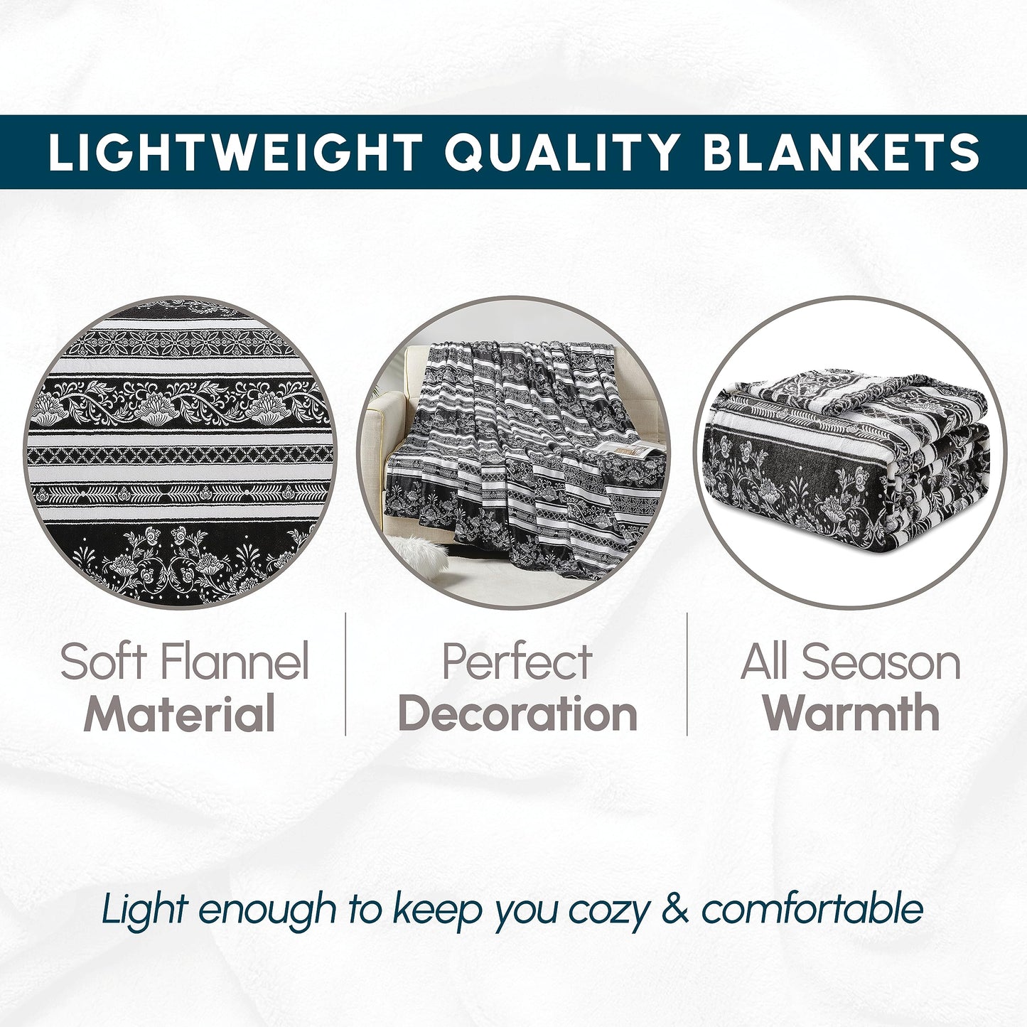 Elegant Comfort Ultra Soft Print Flannel Fleece Bed Blanket, Cozy-Fuzzy Lightweight Bedspread Coverlet, All Season Decorative Blanket for Couch, Sofa, Striped Design, King Size, Odelia