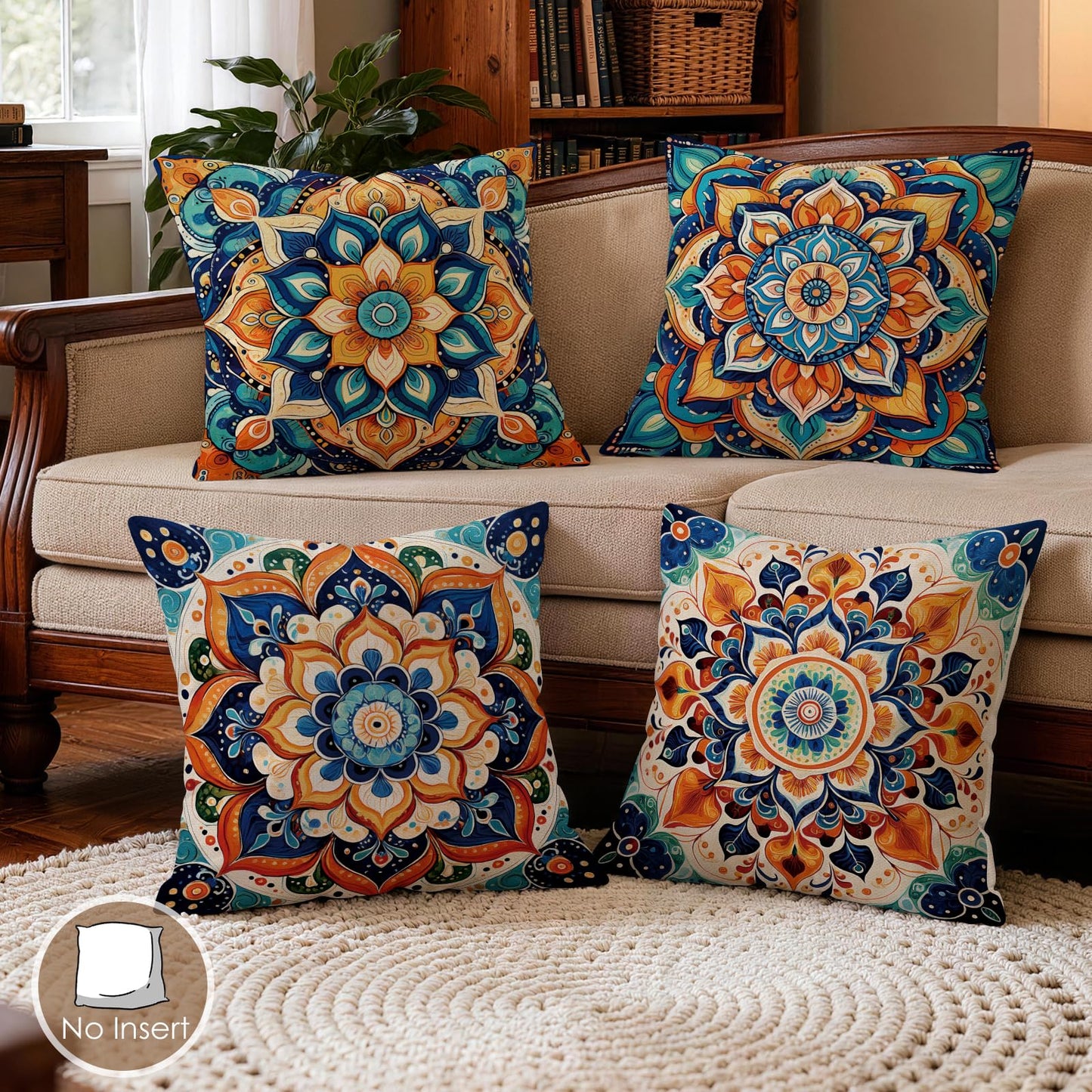 OBSEDE Boho Mandala Throw Pillow Covers Set of 4, 18x18 Inch Blue and Orange Bohemian Decorative Pillow Cases for Couch Sofa, Psychedelic Floral Spiritual Home Decor