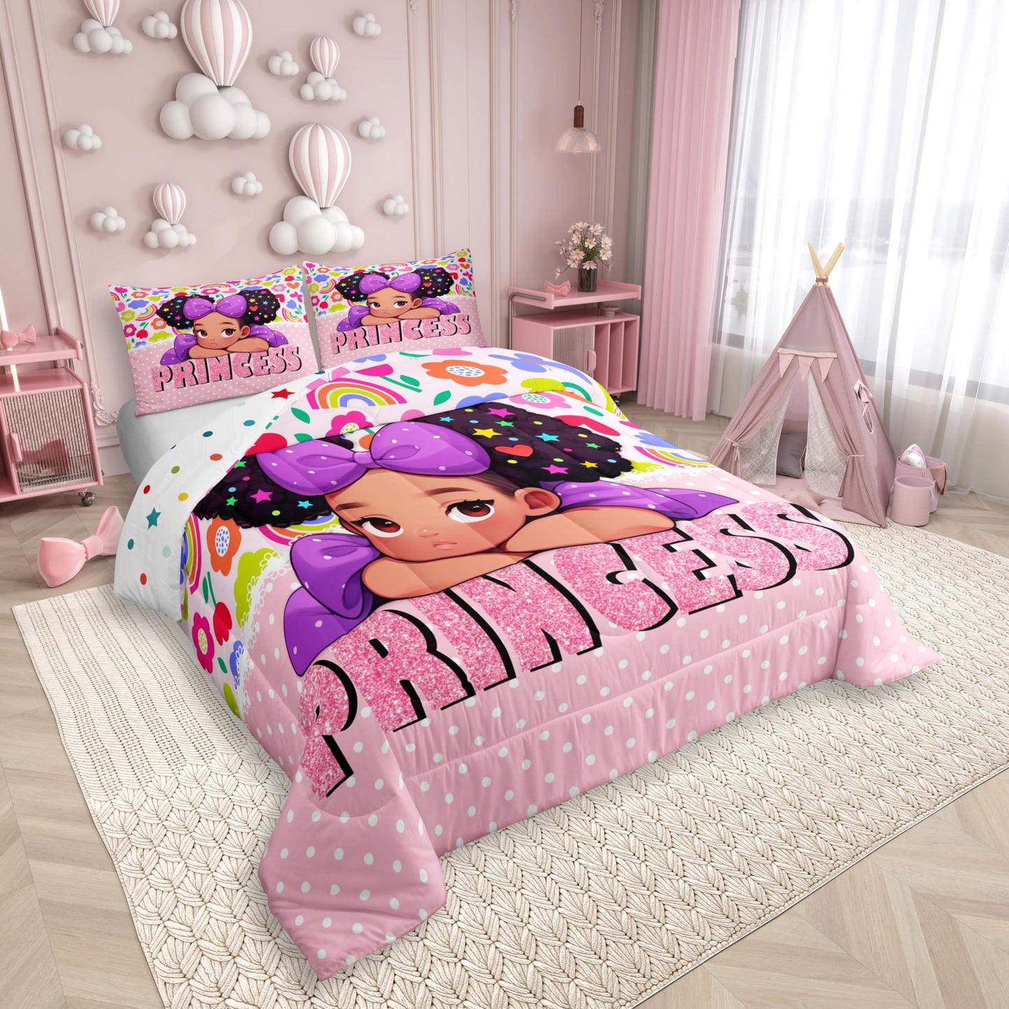 Castle Fairy African American Black Girl Comforter Set Twin Size,Pink Black Princess Girls Bedding Set,Cute Glitter Kids Quilt Set Teens Flower Star Colorful Dots Reversible Print Duvet Insert 2Pcs